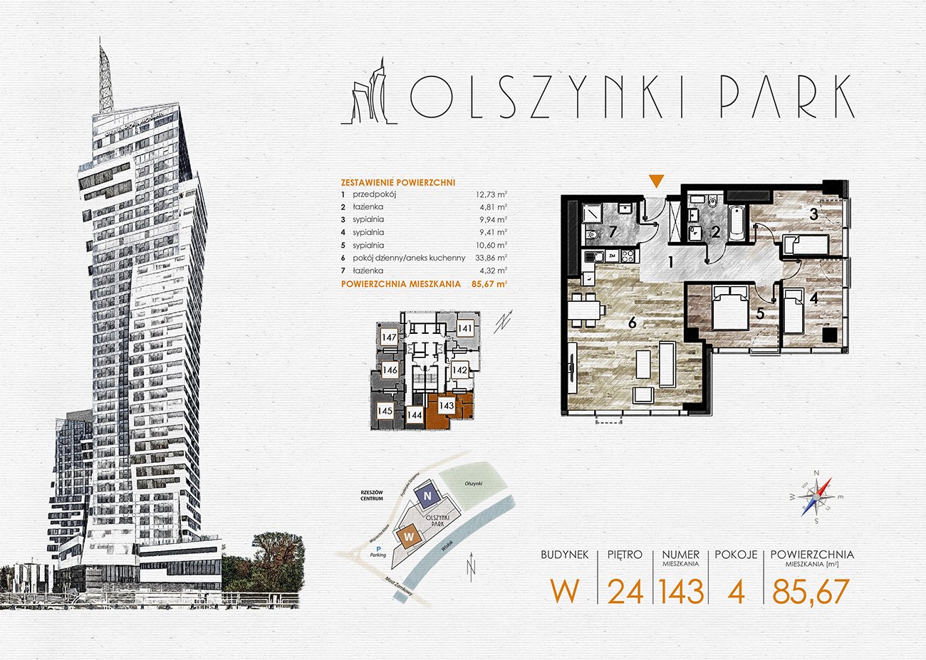 Mieszkanie 85,67 m², piętro 24, oferta nr W143, Olszynki Park, Rzeszów, Śródmieście-Południe, ul. Szopena-idx