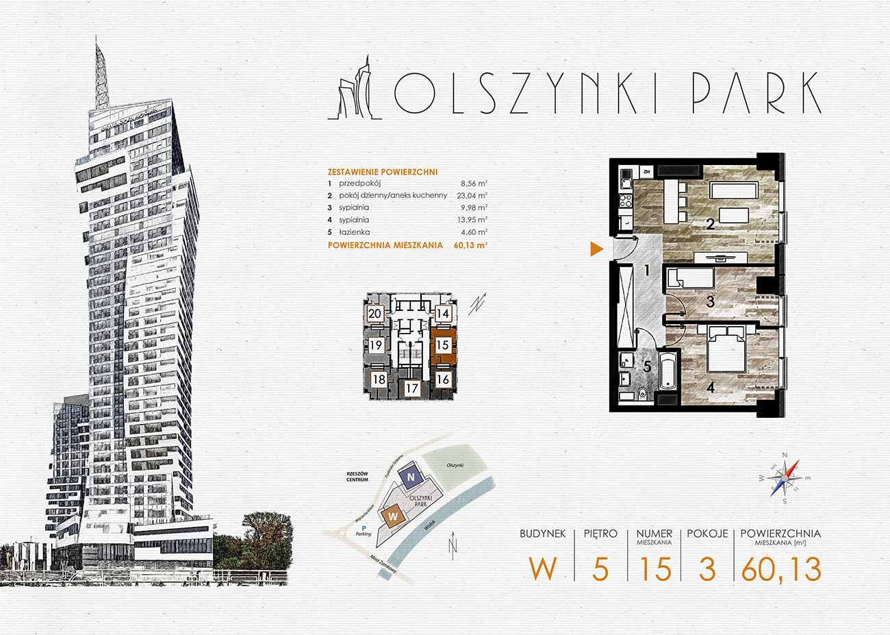 Apartament 60,13 m², piętro 5, oferta nr W15, Olszynki Park, Rzeszów, Śródmieście-Południe, ul. Szopena-idx