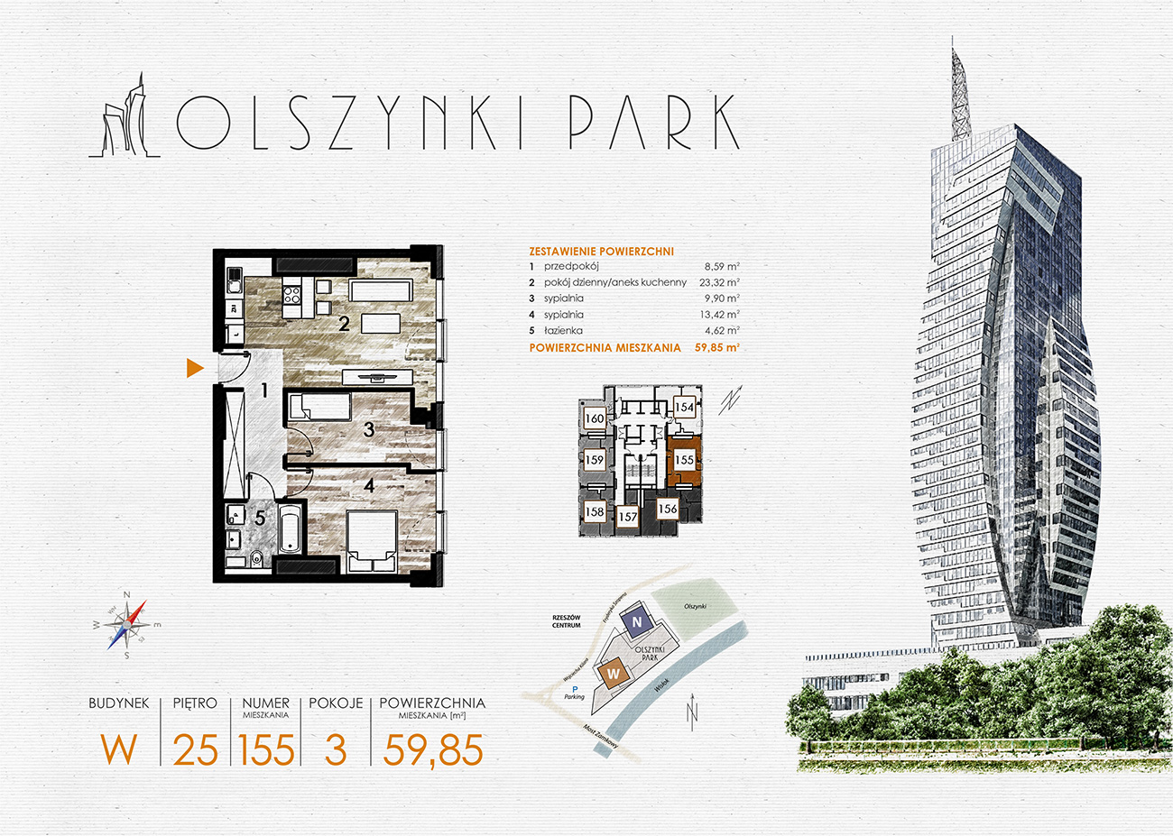 Mieszkanie 59,85 m², piętro 26, oferta nr W155, Olszynki Park, Rzeszów, Śródmieście-Południe, ul. Szopena-idx