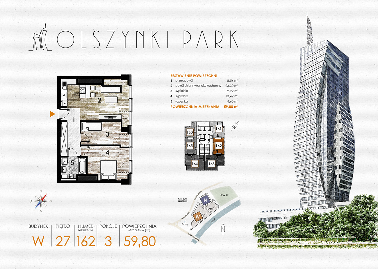 Mieszkanie 59,80 m², piętro 27, oferta nr W162, Olszynki Park, Rzeszów, Śródmieście-Południe, ul. Szopena-idx