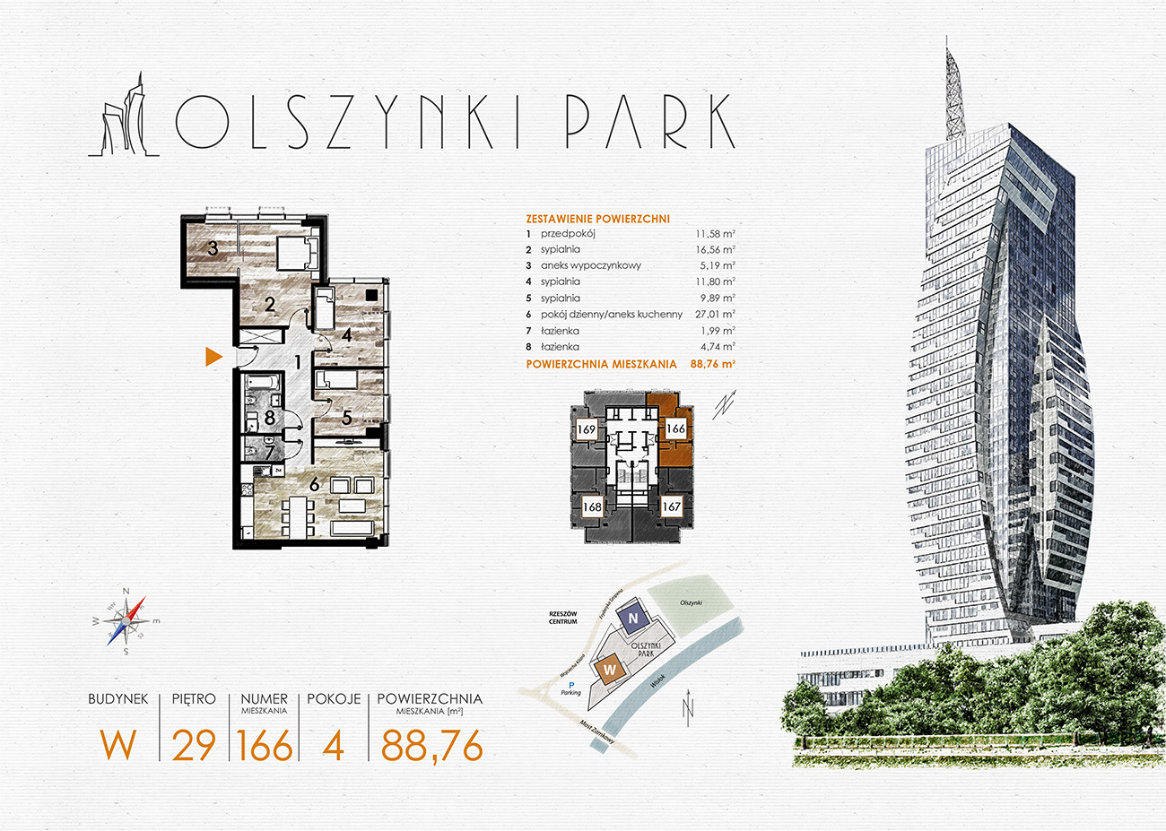 Mieszkanie 88,76 m², piętro 29, oferta nr W166, Olszynki Park, Rzeszów, Śródmieście-Południe, ul. Szopena-idx