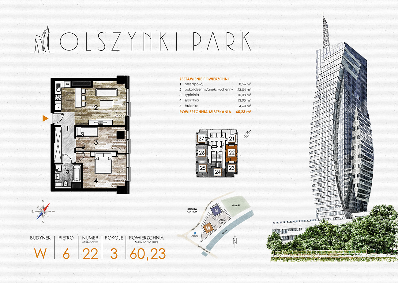 Apartament 60,23 m², piętro 6, oferta nr W22, Olszynki Park, Rzeszów, Śródmieście-Południe, ul. Szopena-idx