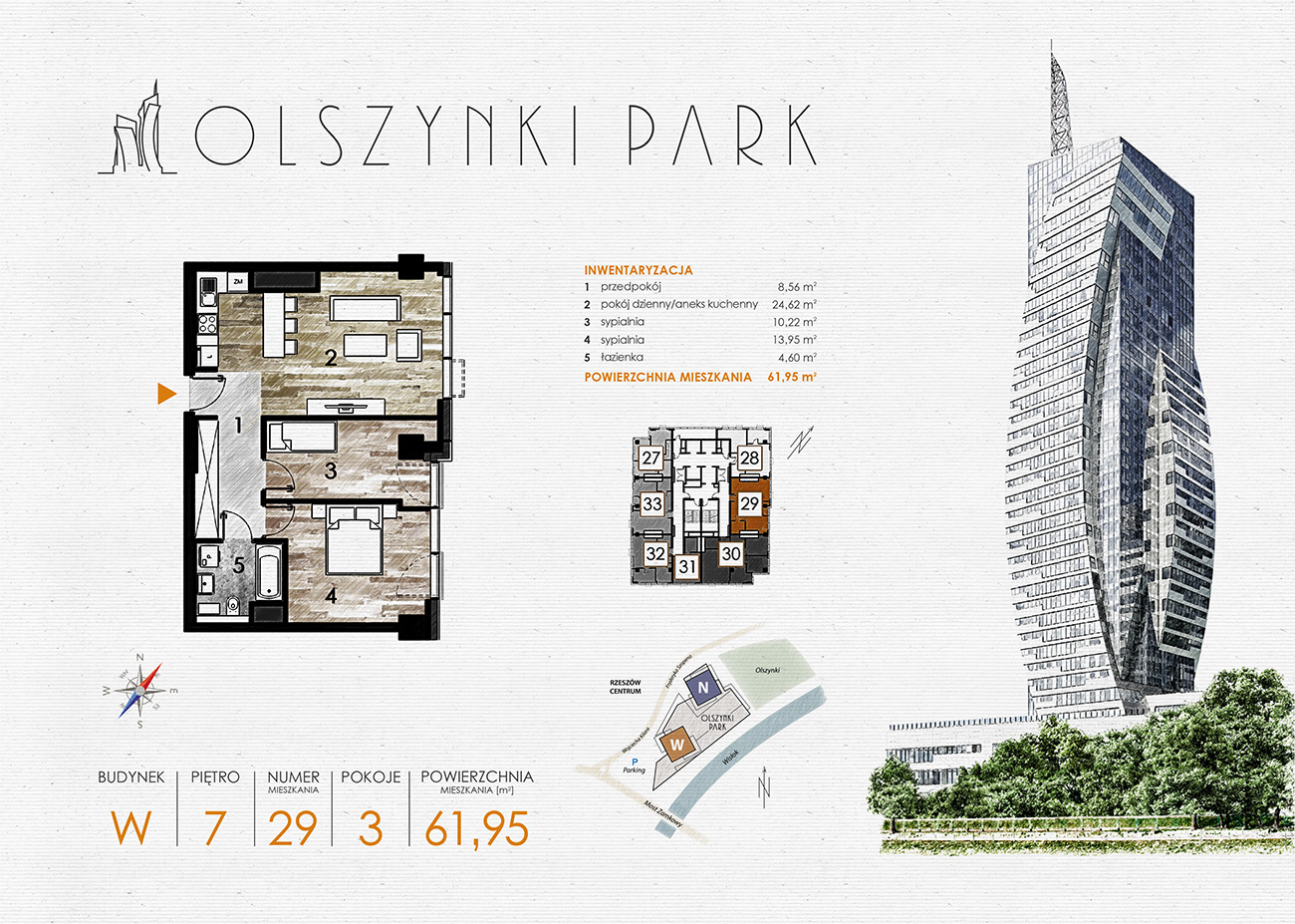 Mieszkanie 61,95 m², piętro 7, oferta nr W29, Olszynki Park, Rzeszów, Śródmieście-Południe, ul. Szopena-idx