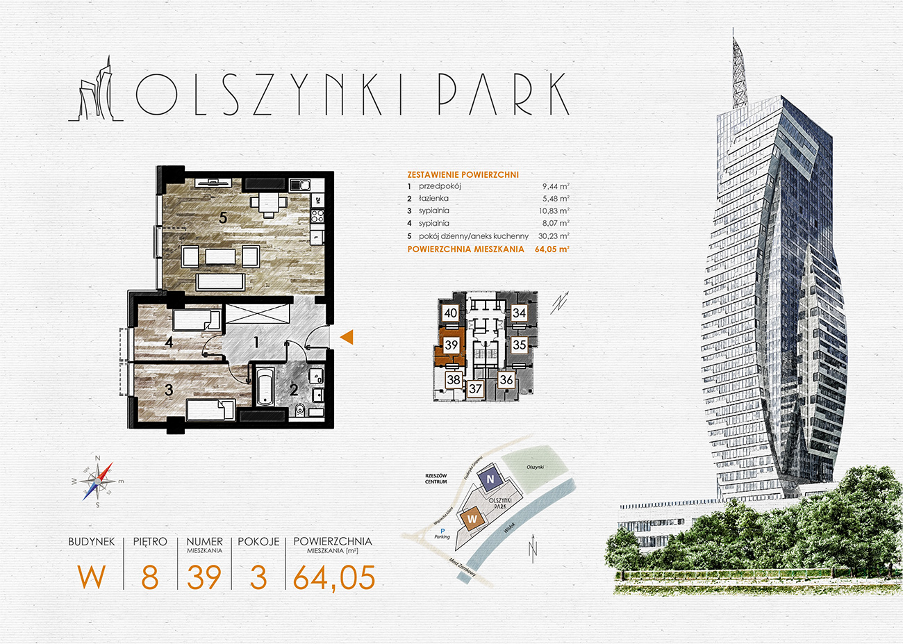 Mieszkanie 64,05 m², piętro 8, oferta nr W39, Olszynki Park, Rzeszów, Śródmieście-Południe, ul. Szopena-idx