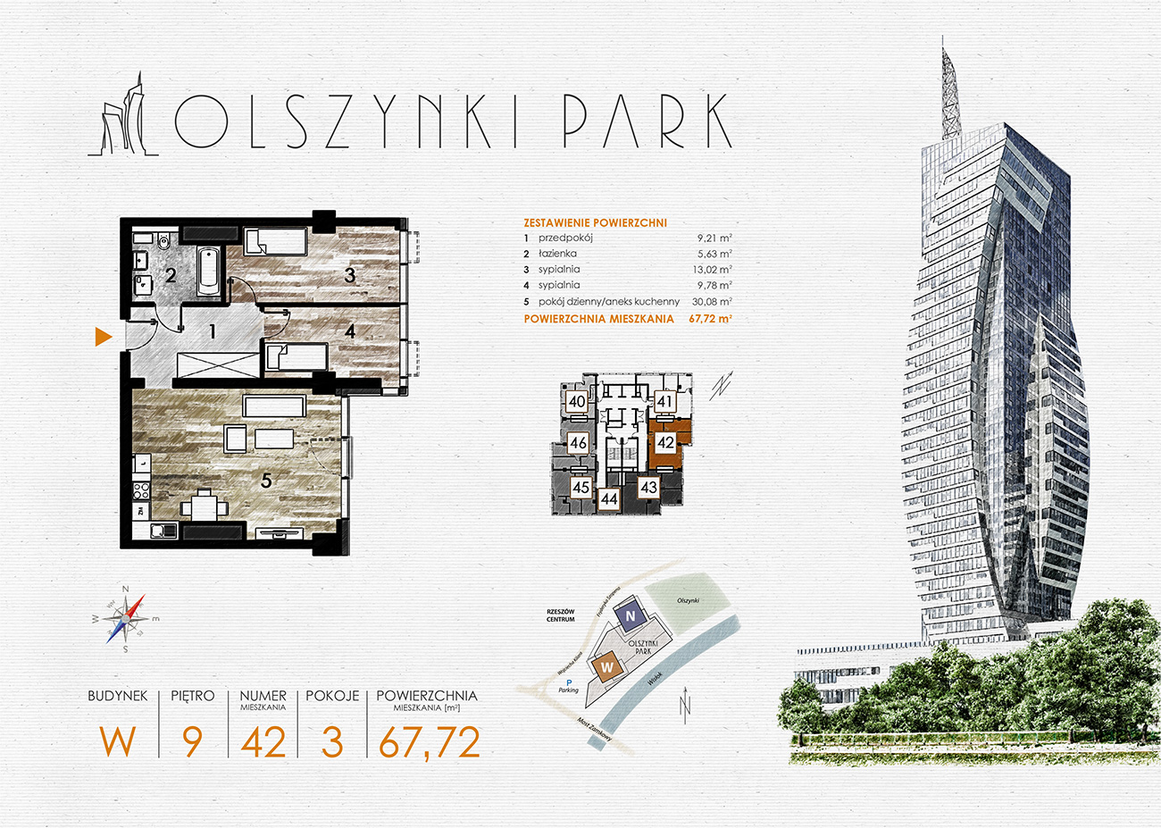 Apartament 67,72 m², piętro 9, oferta nr W42, Olszynki Park, Rzeszów, Śródmieście-Południe, ul. Szopena-idx