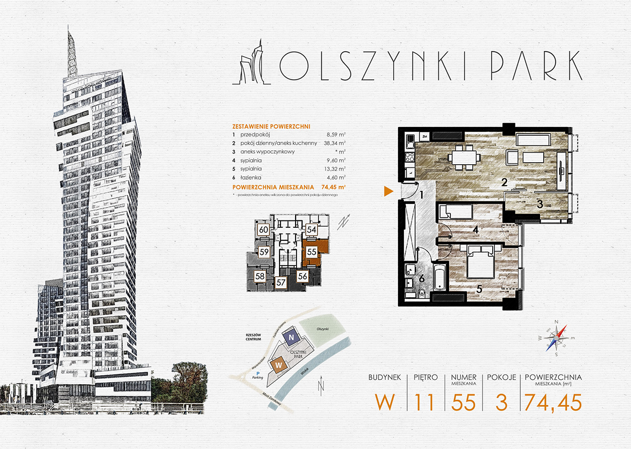 Apartament 74,45 m², piętro 11, oferta nr W55, Olszynki Park, Rzeszów, Śródmieście-Południe, ul. Szopena-idx