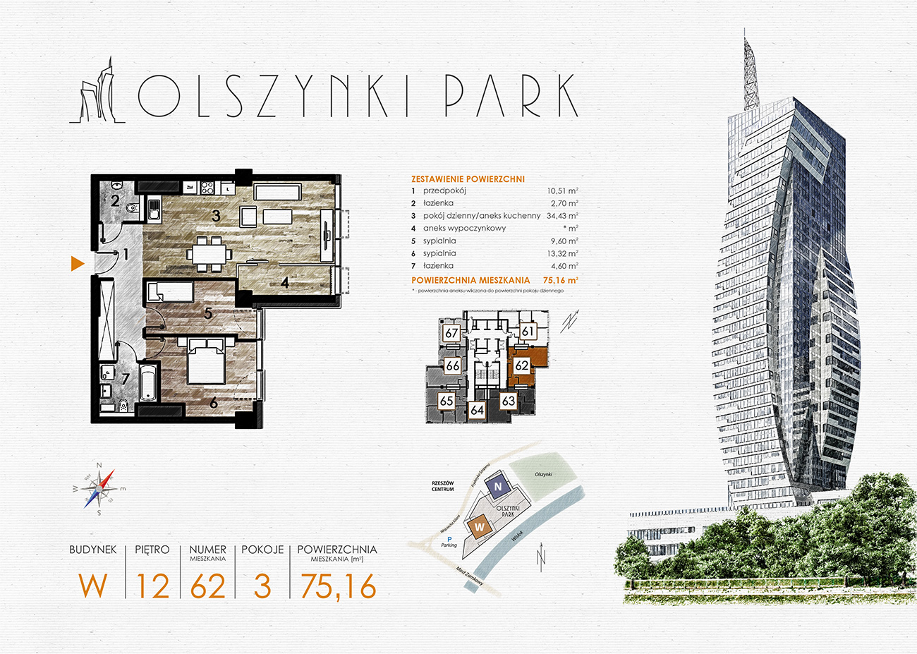 Apartament 75,16 m², piętro 12, oferta nr W62, Olszynki Park, Rzeszów, Śródmieście-Południe, ul. Szopena-idx