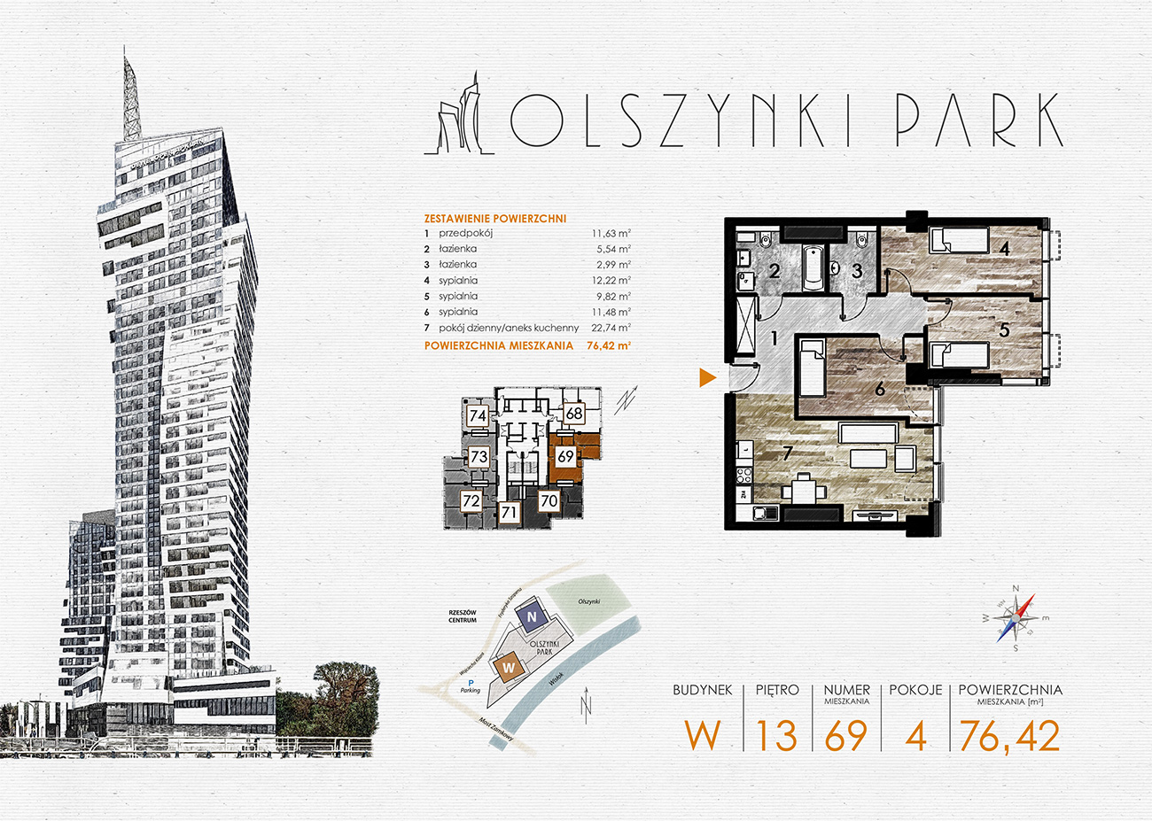 Apartament 76,42 m², piętro 13, oferta nr W69, Olszynki Park, Rzeszów, Śródmieście-Południe, ul. Szopena-idx