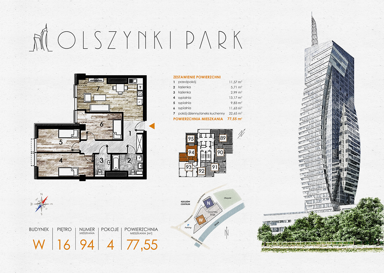 Apartament 77,55 m², piętro 16, oferta nr W94, Olszynki Park, Rzeszów, Śródmieście-Południe, ul. Szopena-idx