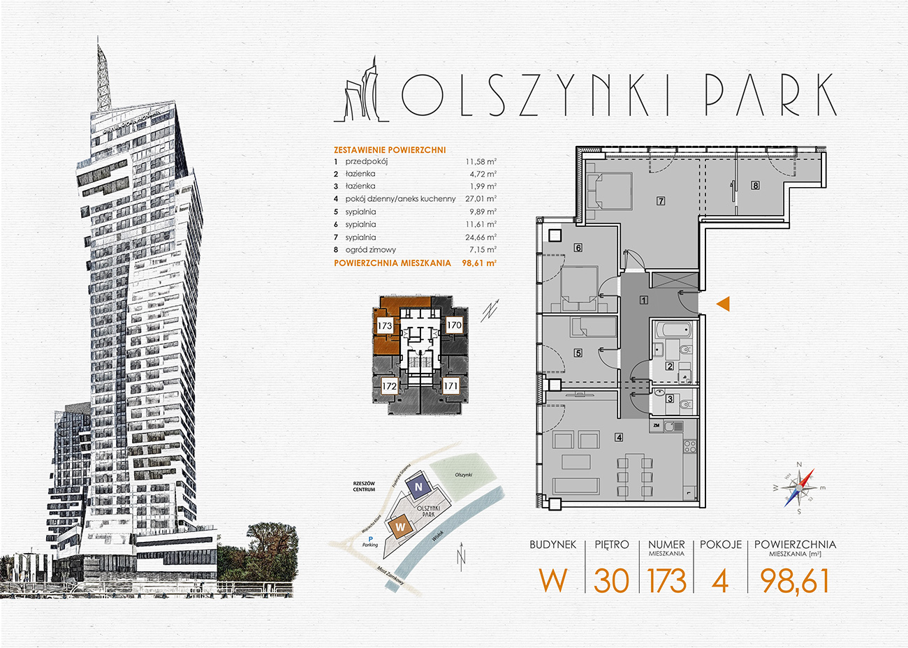 Apartament 97,39 m², piętro 30, oferta nr W173, Olszynki Park, Rzeszów, Śródmieście-Południe, ul. Szopena-idx