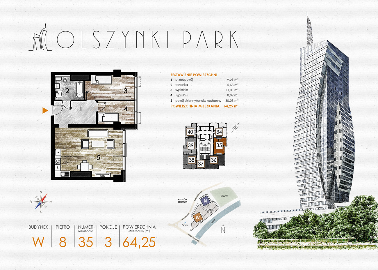 Apartament 64,25 m², piętro 8, oferta nr W35, Olszynki Park, Rzeszów, Śródmieście-Południe, ul. Szopena-idx