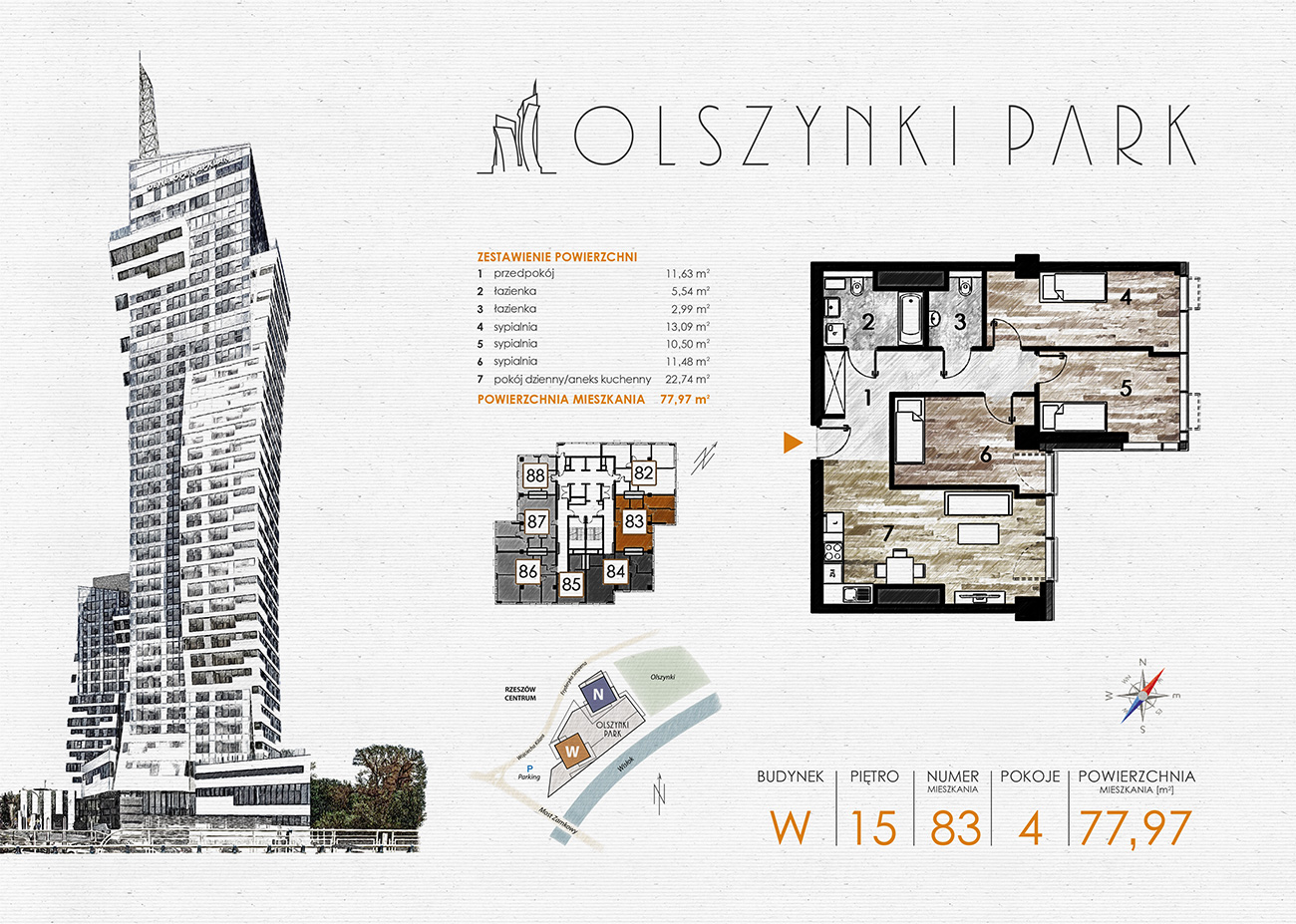 Apartament 77,97 m², piętro 15, oferta nr W83, Olszynki Park, Rzeszów, Śródmieście-Południe, ul. Szopena-idx