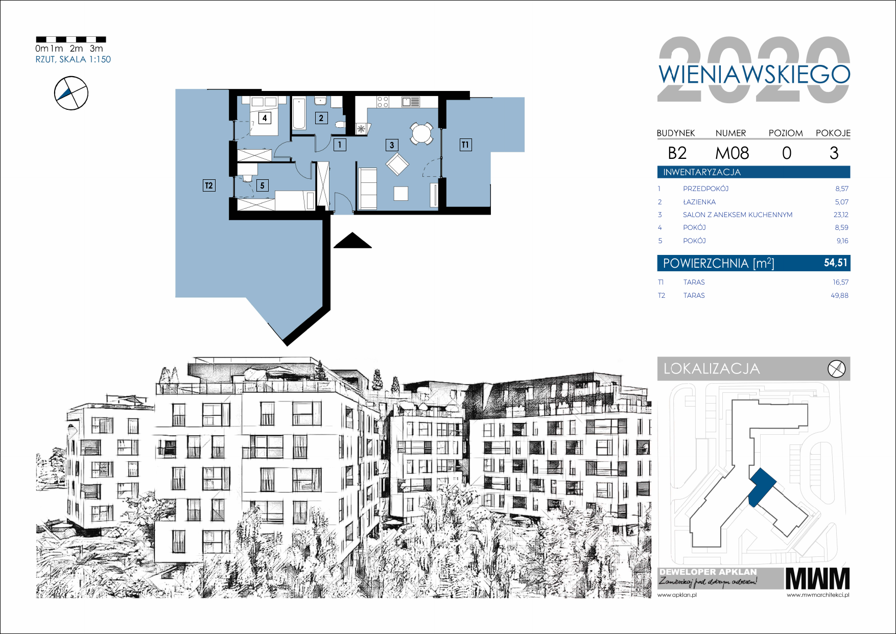 Mieszkanie 54,51 m², parter, oferta nr B2-M08, Osiedle Wieniawskiego - etap III i IV, Rzeszów, Słocina, ul. Wieniawskiego-idx