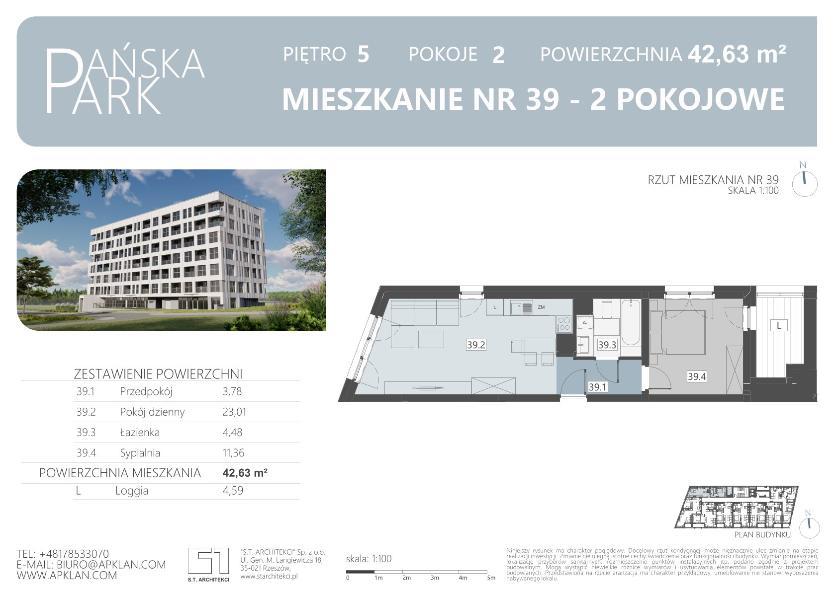 Mieszkanie 42,63 m², piętro 5, oferta nr M39, Pańska Park, Rzeszów, Przybyszówka, ul. Pańska-idx