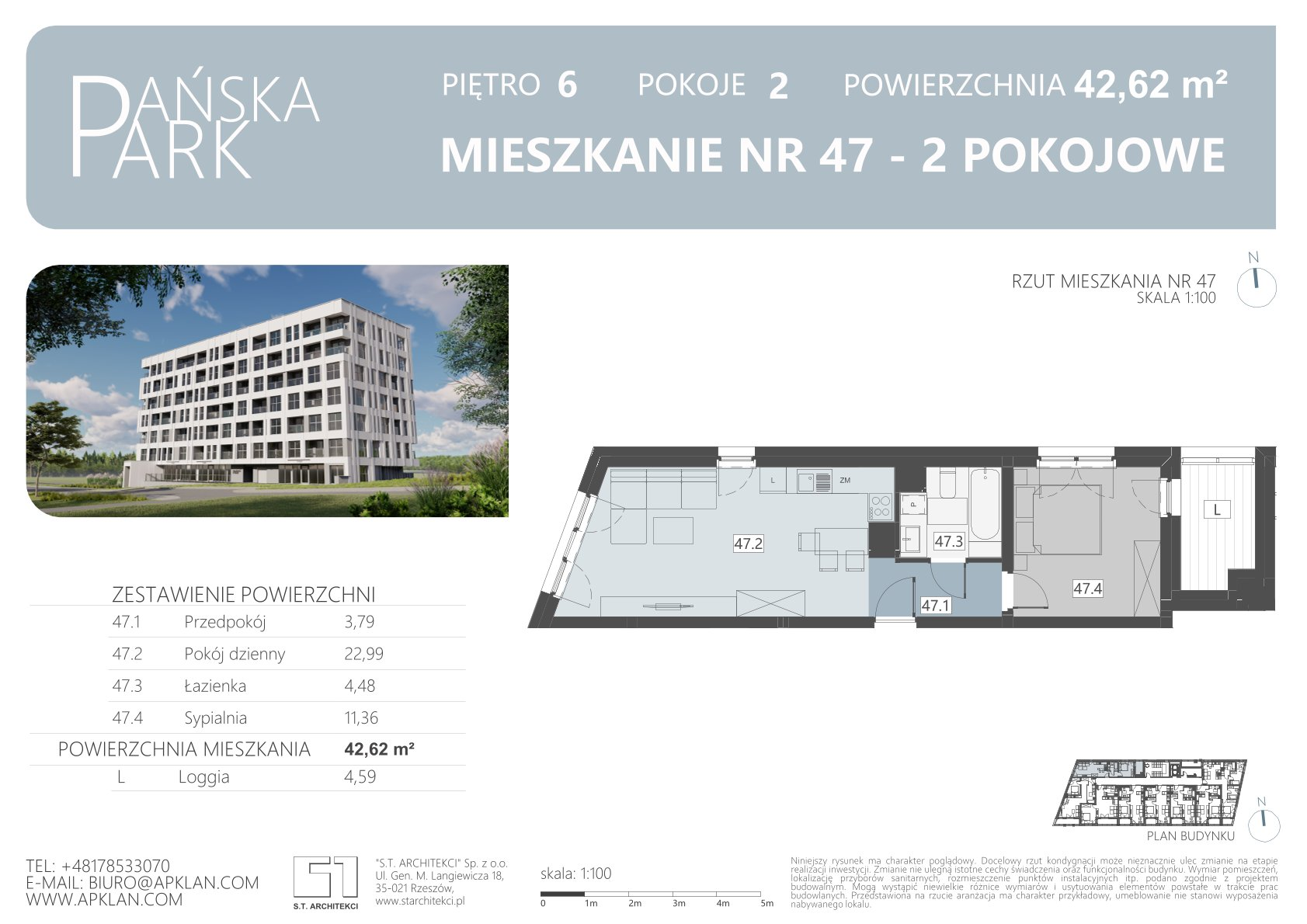 Mieszkanie 42,62 m², piętro 6, oferta nr M47, Pańska Park, Rzeszów, Przybyszówka, ul. Pańska-idx