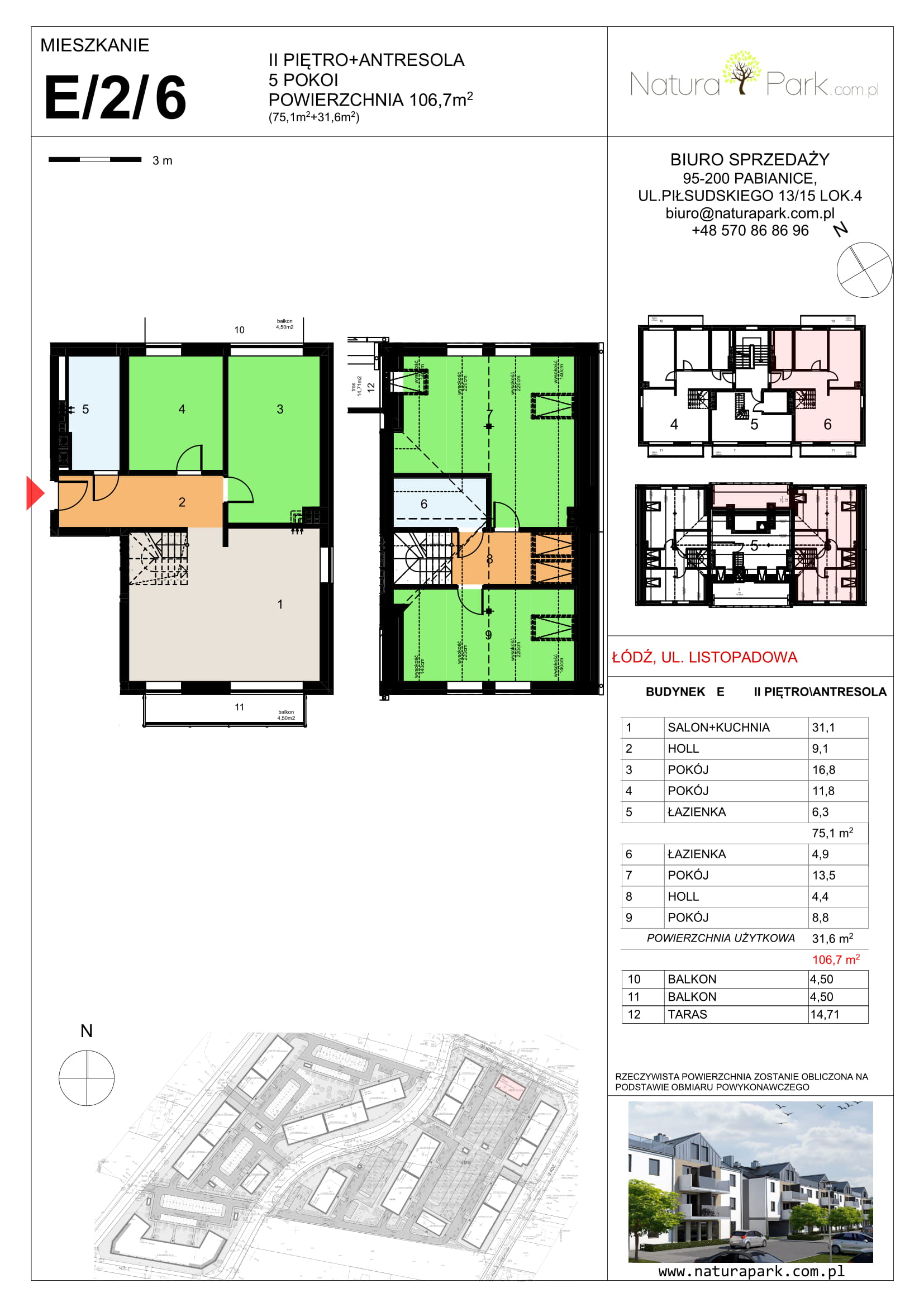 Mieszkanie 106,70 m², piętro 2, oferta nr E/2/6, Natura Park, Łódź, Widzew, Dolina Łódki, ul. Listopadowa-idx