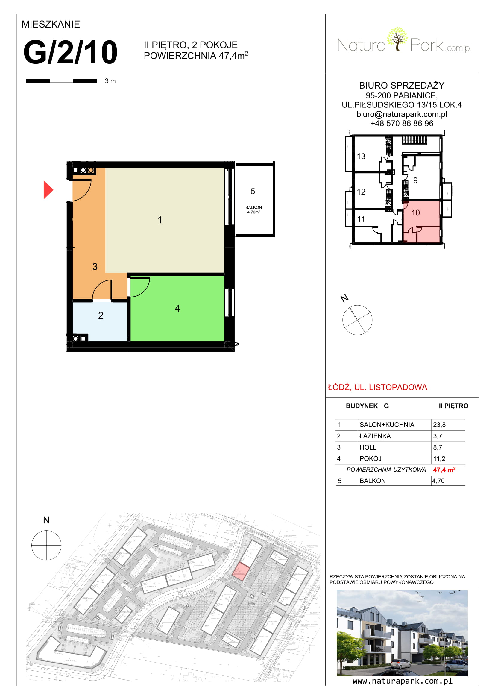 Mieszkanie 47,40 m², piętro 2, oferta nr G/2/10, Natura Park, Łódź, Widzew, Dolina Łódki, ul. Listopadowa-idx