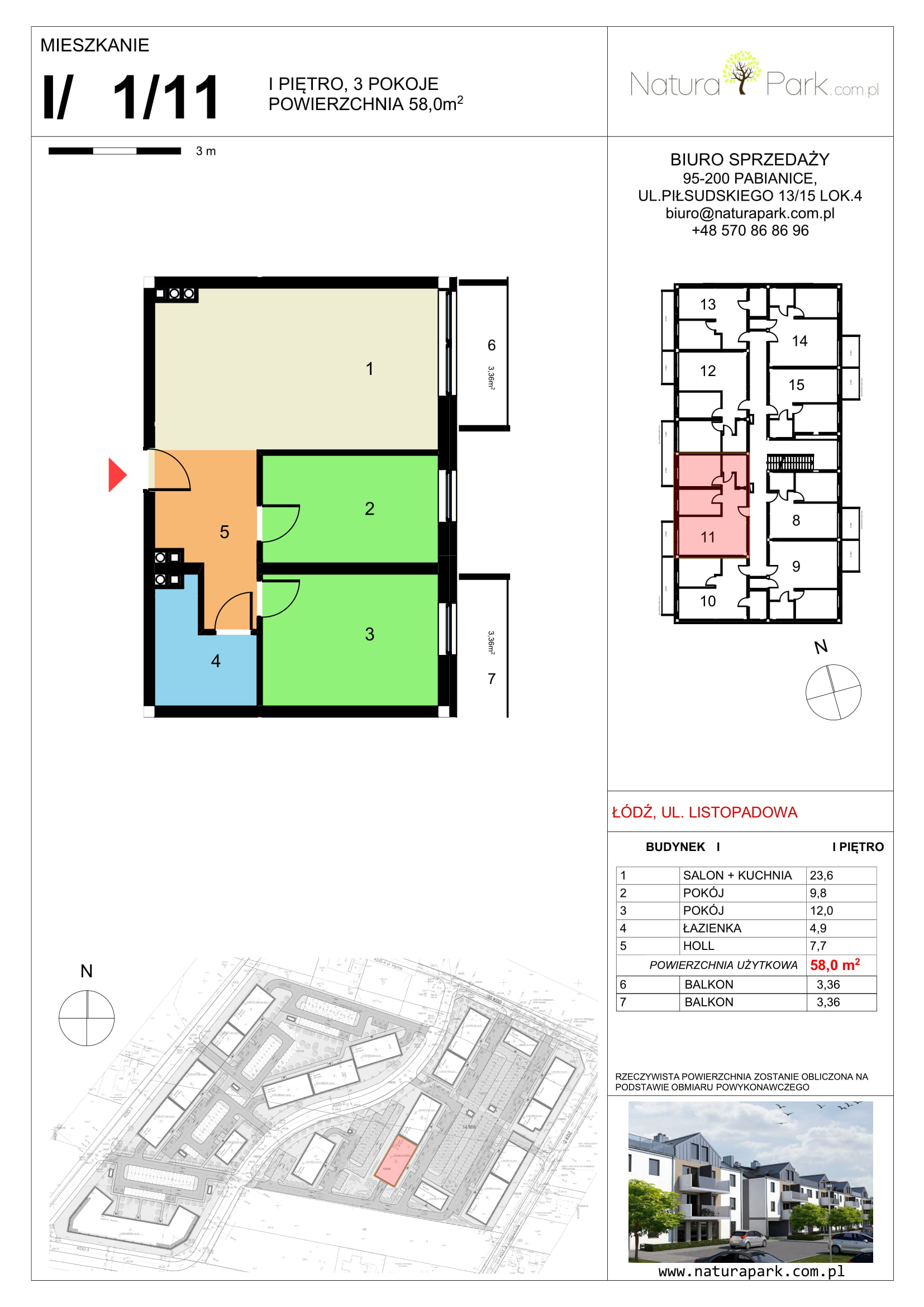 Mieszkanie 56,84 m², piętro 1, oferta nr I/1/11, Natura Park, Łódź, Widzew, Dolina Łódki, ul. Listopadowa-idx