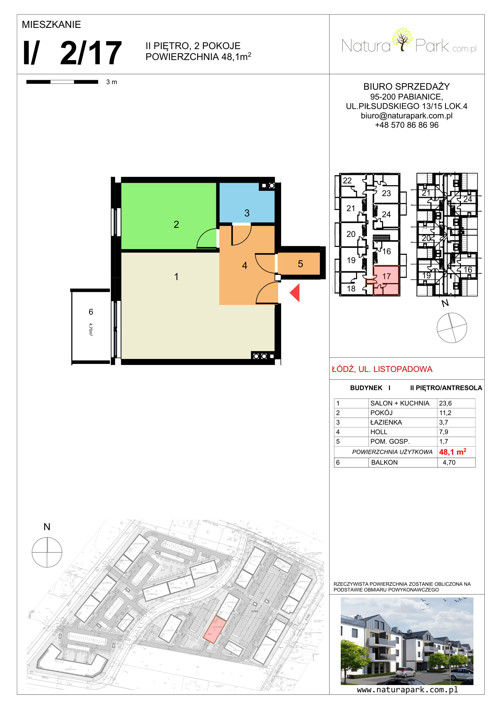 Mieszkanie 47,38 m², piętro 2, oferta nr I/2/17, Natura Park, Łódź, Widzew, Dolina Łódki, ul. Listopadowa-idx