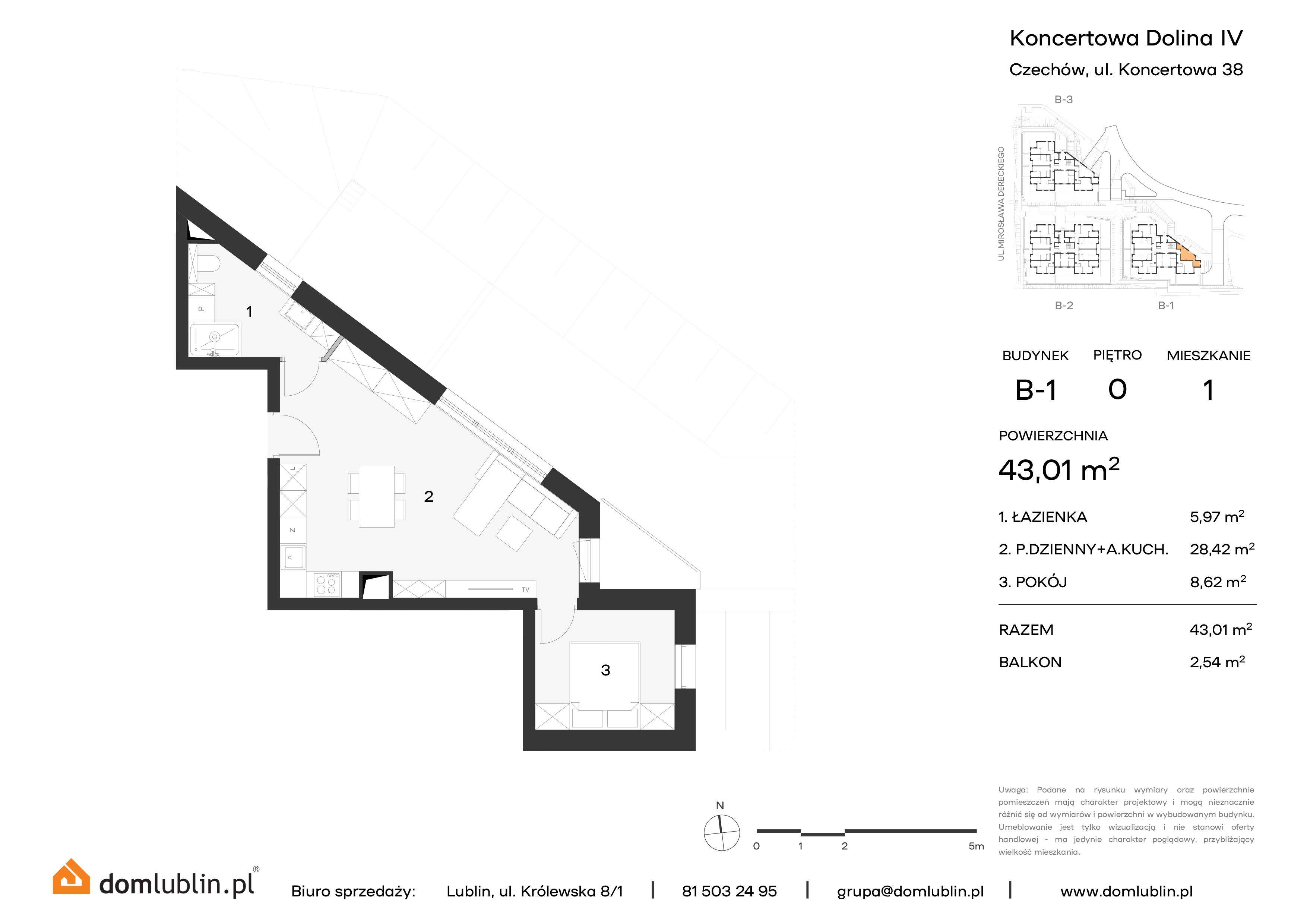 Mieszkanie 43,01 m², parter, oferta nr B1/1, Osiedle Koncertowa Dolina, Lublin, Czechów Północny, Choiny, ul. Koncertowa-idx