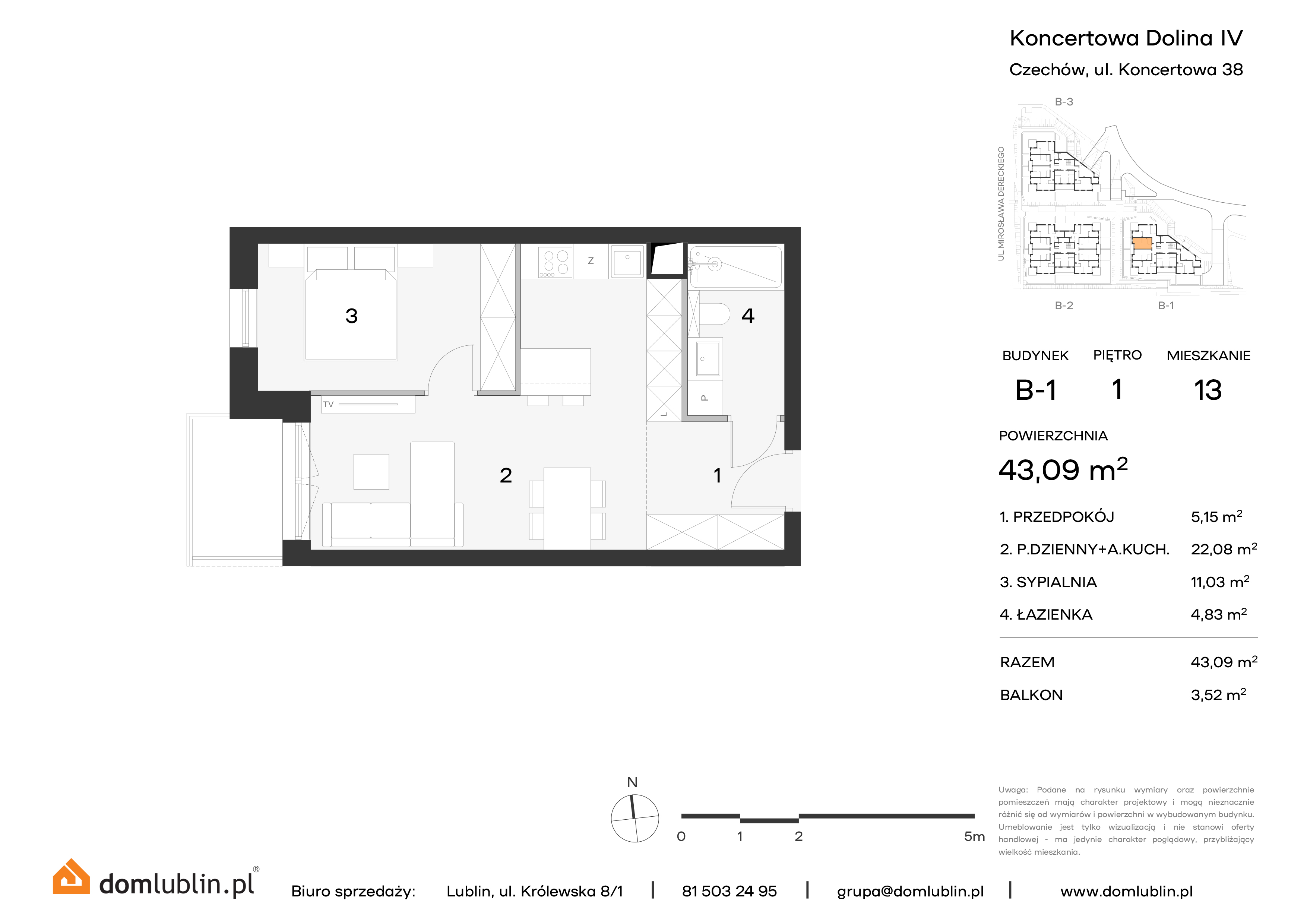 Mieszkanie 43,09 m², piętro 1, oferta nr B1/13, Osiedle Koncertowa Dolina, Lublin, Czechów Północny, Choiny, ul. Koncertowa-idx