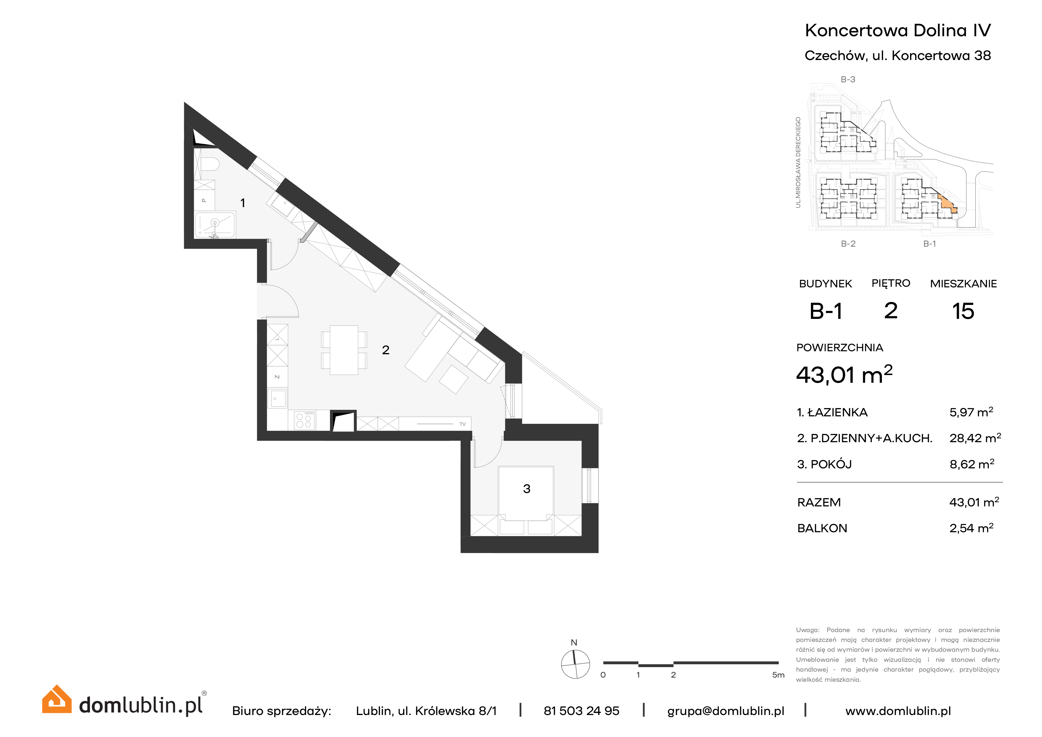 Mieszkanie 43,01 m², piętro 2, oferta nr B1/15, Osiedle Koncertowa Dolina, Lublin, Czechów Północny, Choiny, ul. Koncertowa-idx