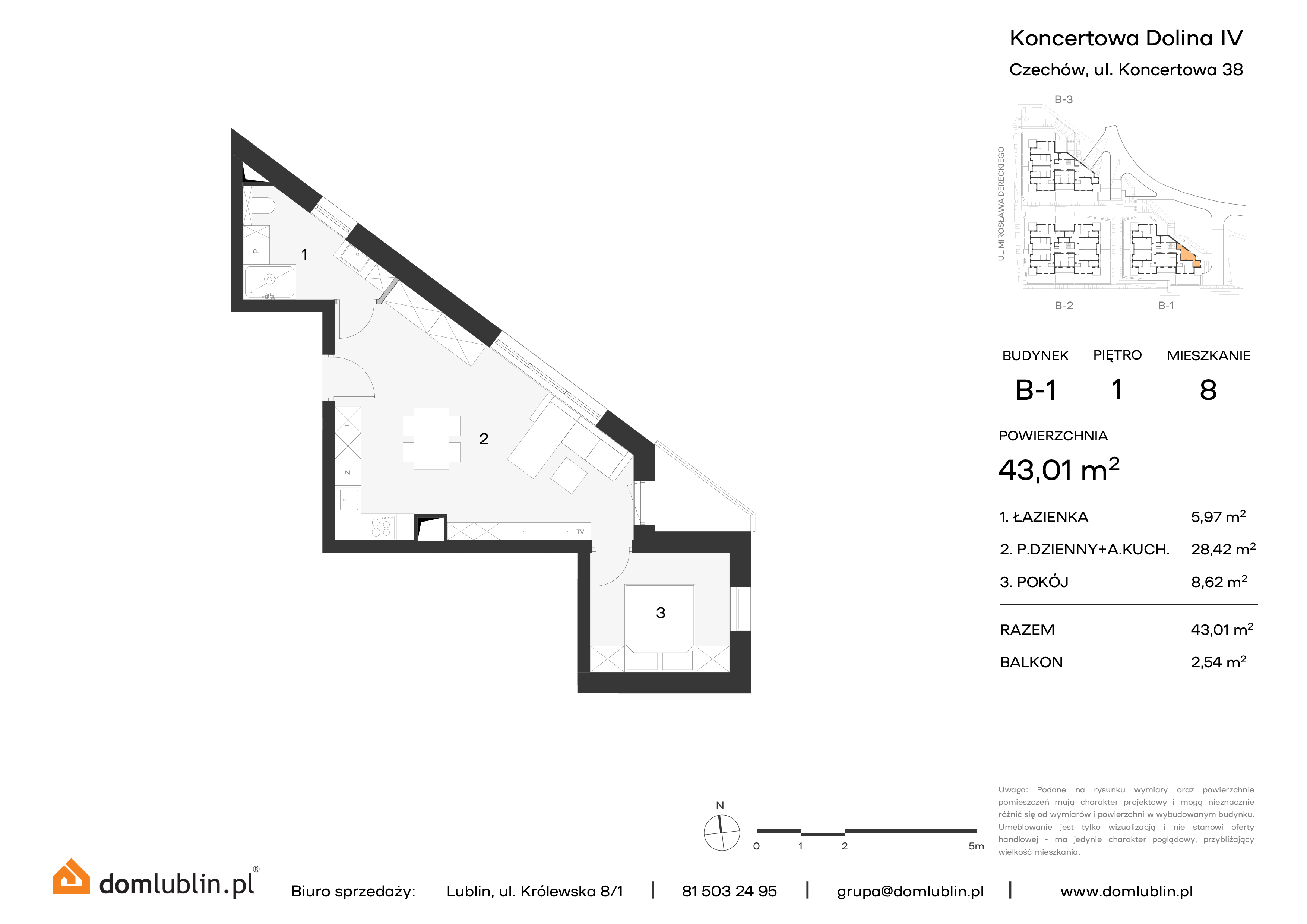 Mieszkanie 43,01 m², piętro 1, oferta nr B1/8, Osiedle Koncertowa Dolina, Lublin, Czechów Północny, Choiny, ul. Koncertowa-idx