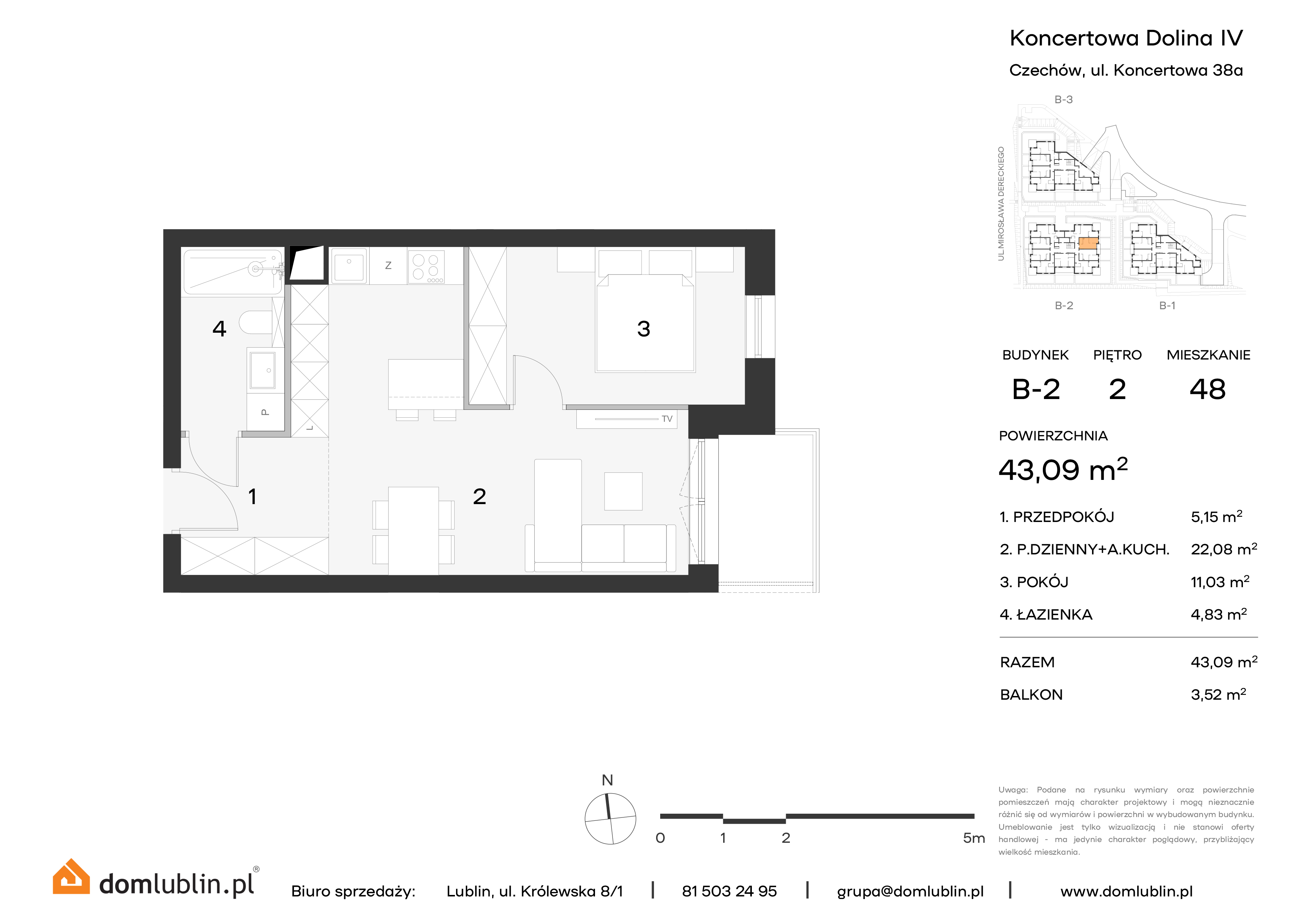 Mieszkanie 43,09 m², piętro 2, oferta nr B2/48, Osiedle Koncertowa Dolina, Lublin, Czechów Północny, Choiny, ul. Koncertowa-idx