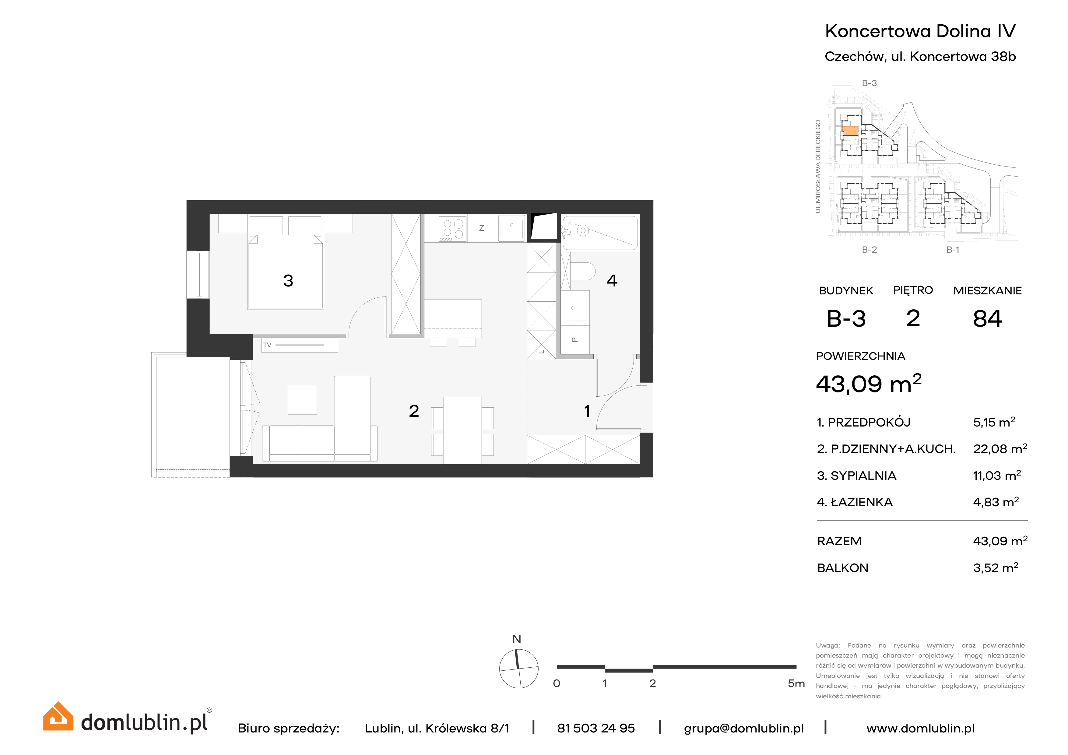 Mieszkanie 43,09 m², piętro 2, oferta nr B3/84, Osiedle Koncertowa Dolina, Lublin, Czechów Północny, Choiny, ul. Koncertowa-idx