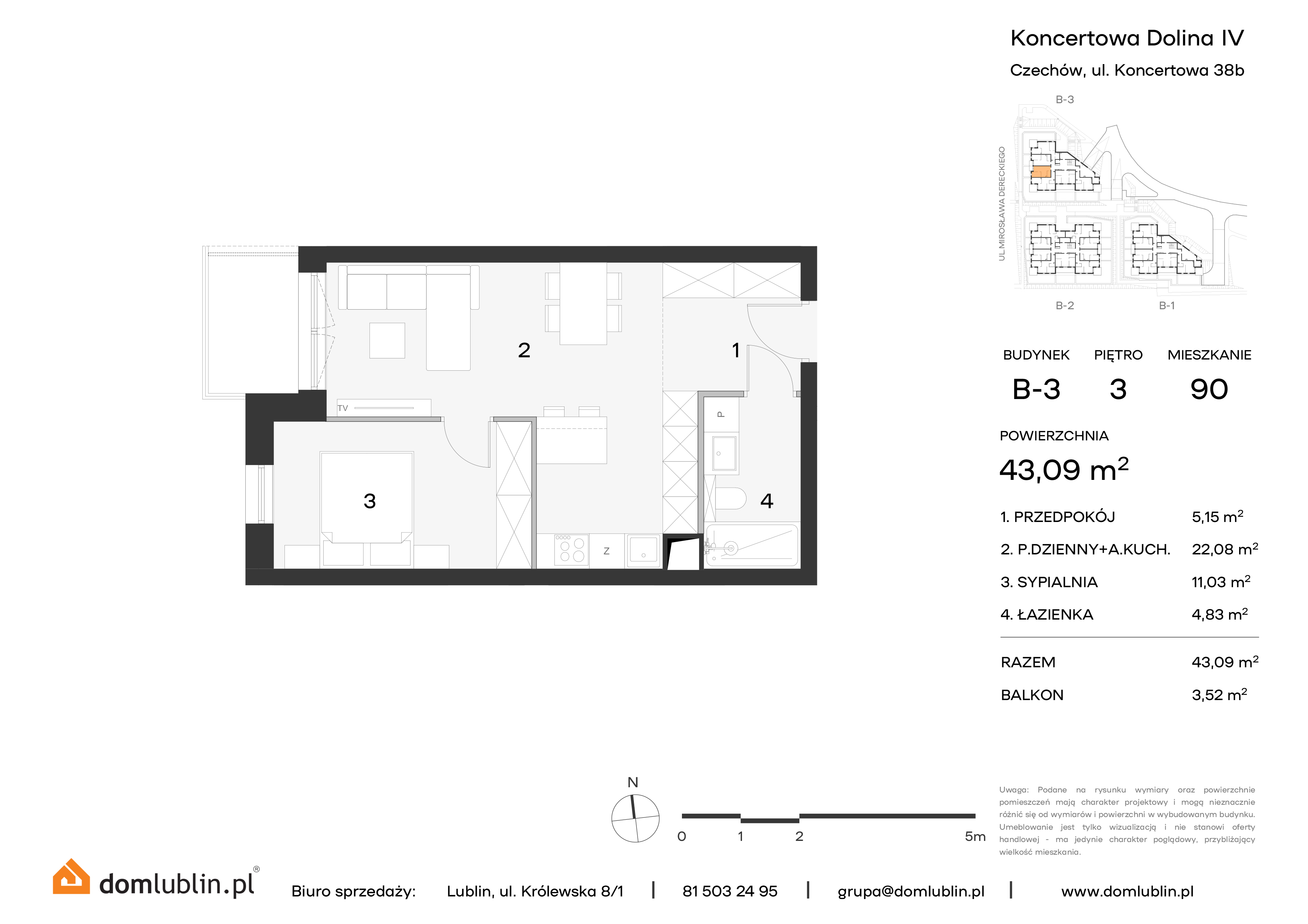 Mieszkanie 43,09 m², piętro 3, oferta nr B3/90, Osiedle Koncertowa Dolina, Lublin, Czechów Północny, Choiny, ul. Koncertowa-idx