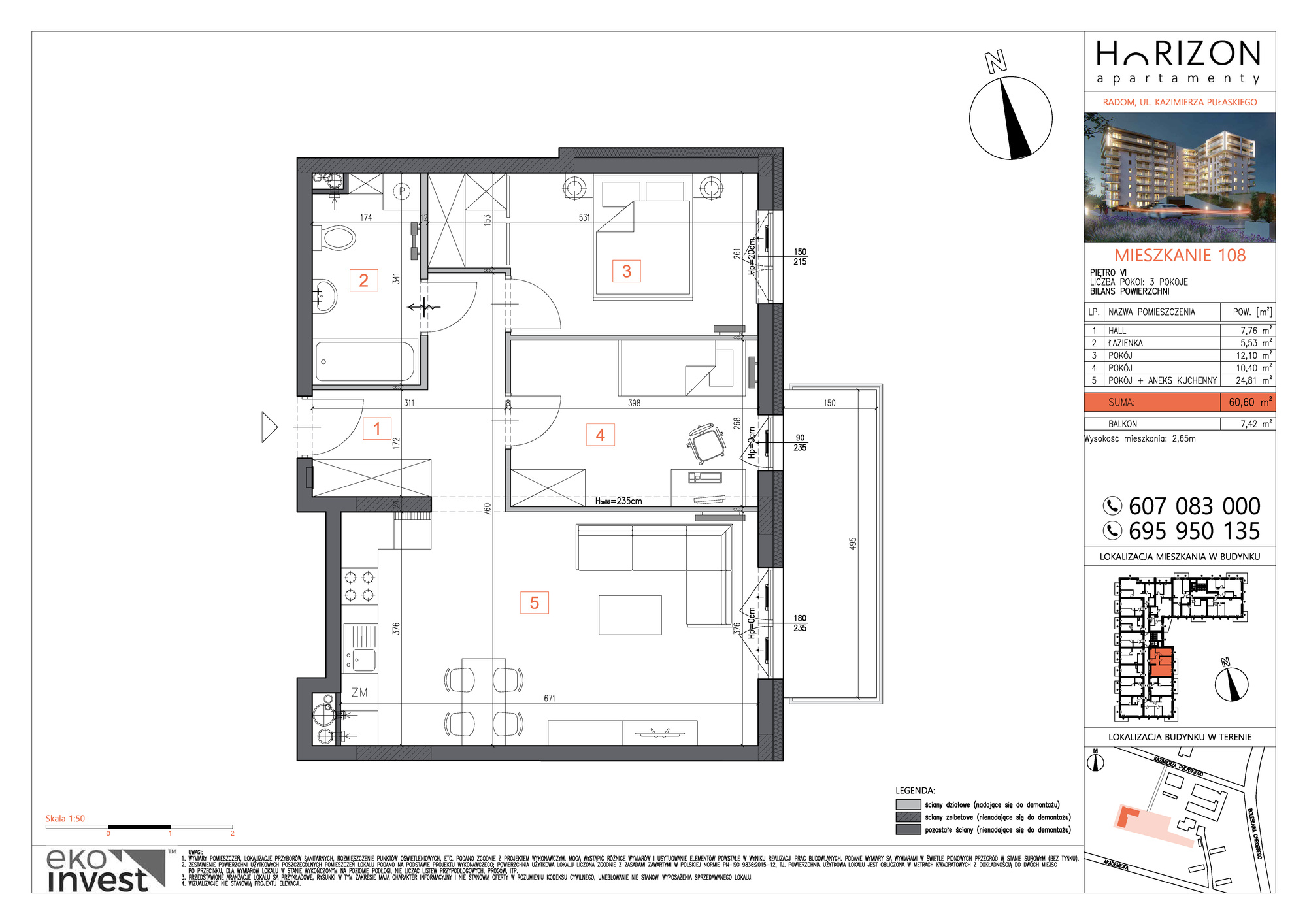 Mieszkanie 60,60 m², piętro 6, oferta nr M108, Horizon Apartamenty, Radom, Akademickie, ul. Kazimierza Pułaskiego / Akademicka-idx