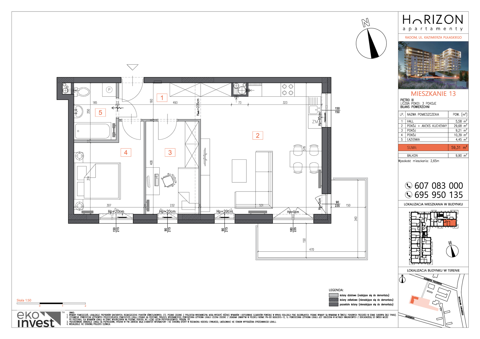 Mieszkanie 59,31 m², piętro 3, oferta nr M13, Horizon Apartamenty, Radom, Akademickie, ul. Kazimierza Pułaskiego / Akademicka-idx