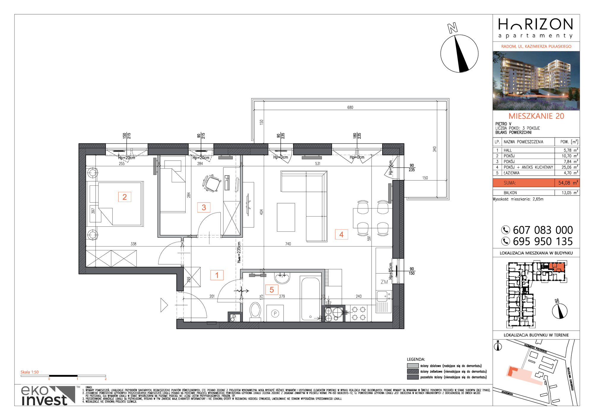 Mieszkanie 54,08 m², piętro 5, oferta nr M20, Horizon Apartamenty, Radom, Akademickie, ul. Kazimierza Pułaskiego / Akademicka-idx