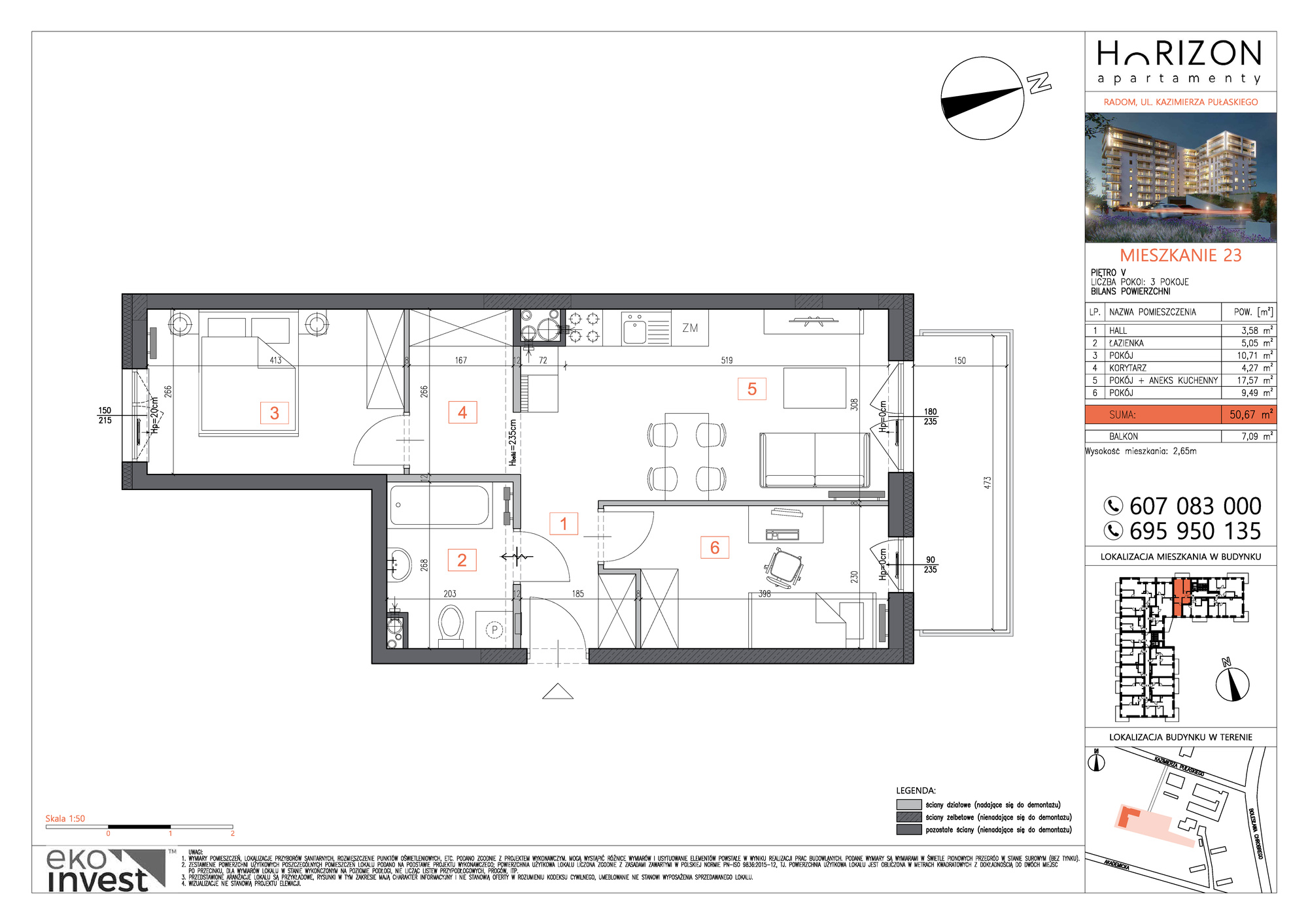 Mieszkanie 50,67 m², piętro 5, oferta nr M23, Horizon Apartamenty, Radom, Akademickie, ul. Kazimierza Pułaskiego / Akademicka-idx