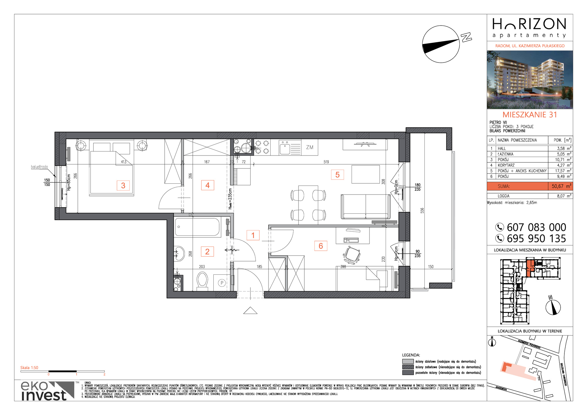 Mieszkanie 50,67 m², piętro 7, oferta nr M31, Horizon Apartamenty, Radom, Akademickie, ul. Kazimierza Pułaskiego / Akademicka-idx