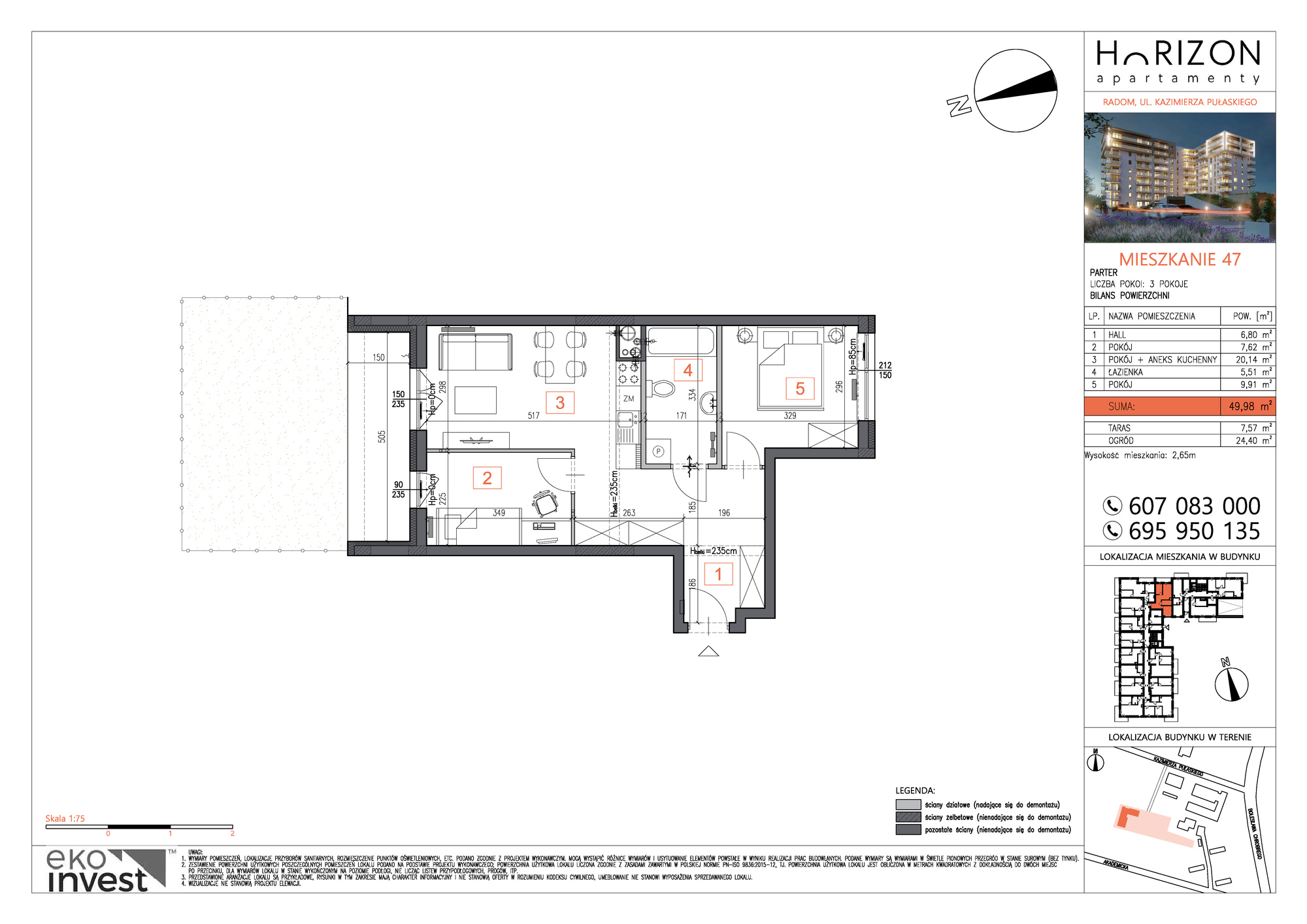 Mieszkanie 49,98 m², parter, oferta nr M47, Horizon Apartamenty, Radom, Akademickie, ul. Kazimierza Pułaskiego / Akademicka-idx