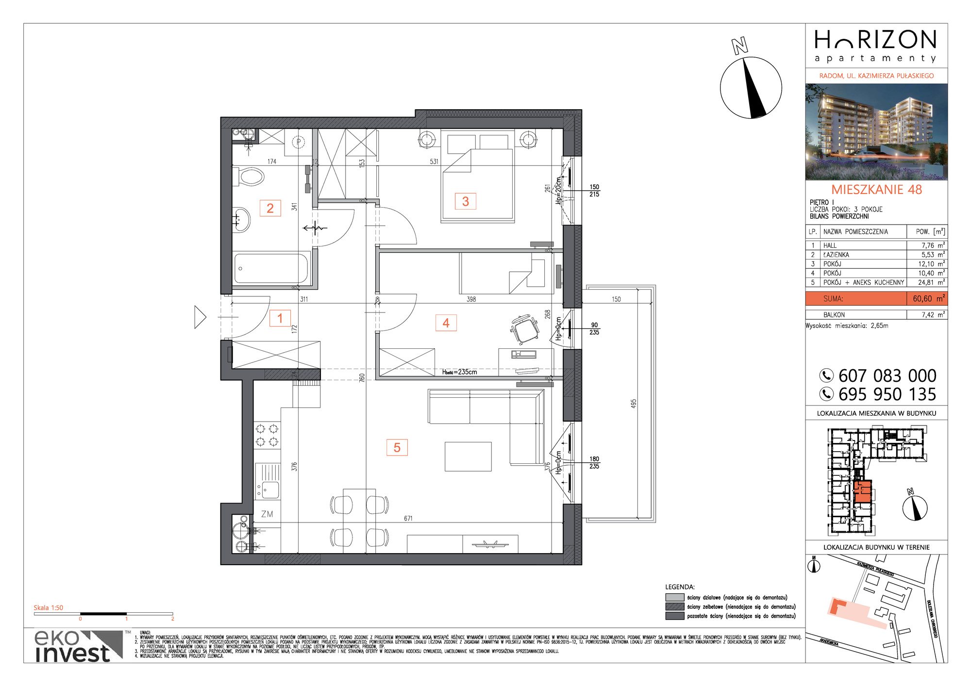 Mieszkanie 60,60 m², piętro 1, oferta nr M48, Horizon Apartamenty, Radom, Akademickie, ul. Kazimierza Pułaskiego / Akademicka-idx