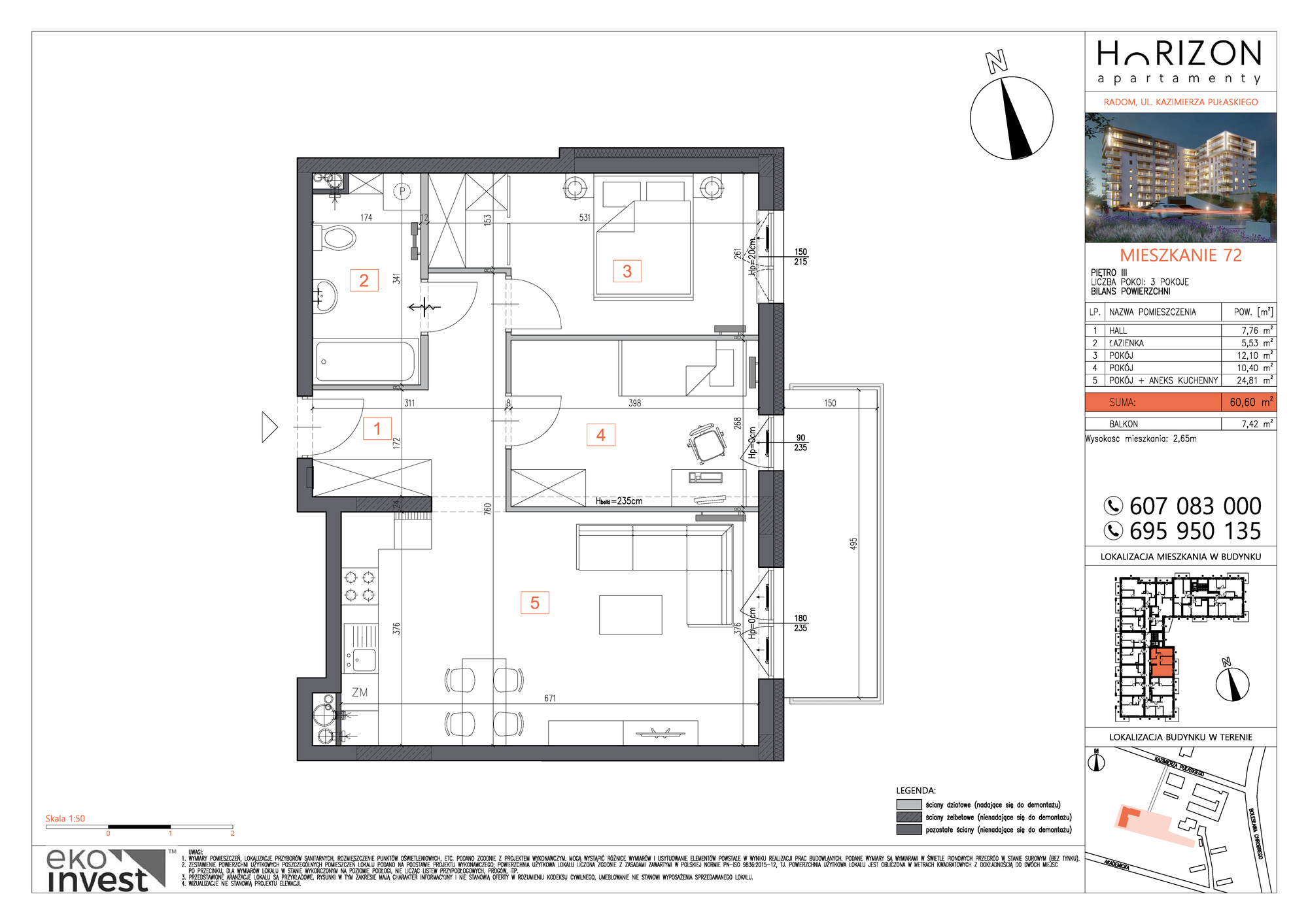 Mieszkanie 60,60 m², piętro 3, oferta nr M72, Horizon Apartamenty, Radom, Akademickie, ul. Kazimierza Pułaskiego / Akademicka-idx