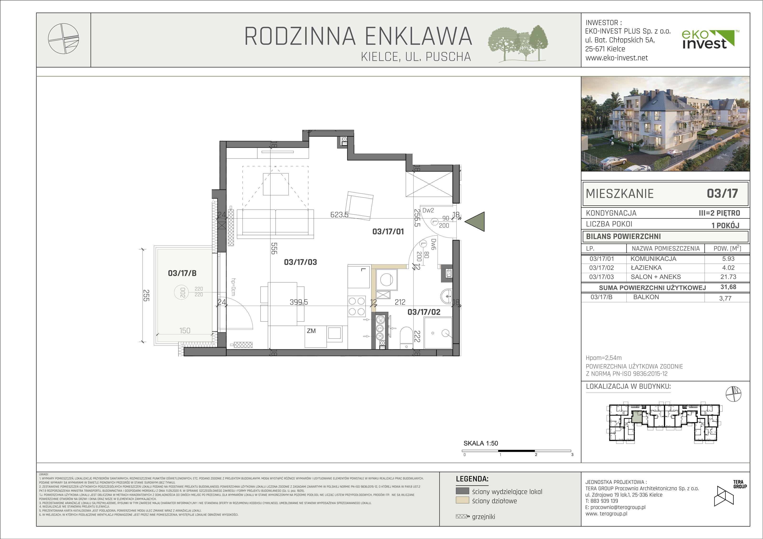 Mieszkanie 31,68 m², piętro 2, oferta nr M/03/17, Rodzinna Enklawa, Kielce, Ślichowice, Herby, ul. Jerzego Bogumiła Pusha-idx