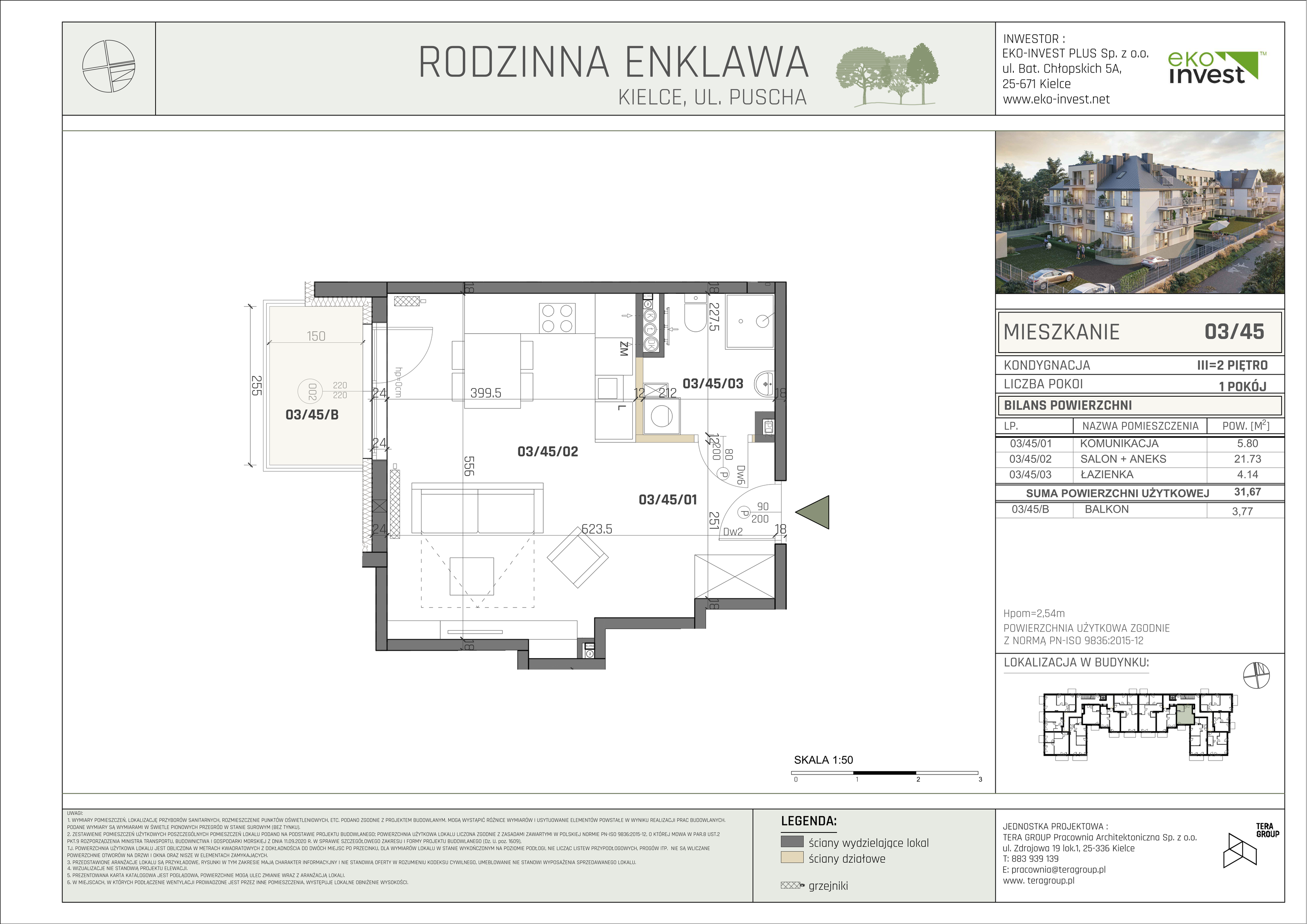 Mieszkanie 31,67 m², piętro 2, oferta nr M/03/45, Rodzinna Enklawa, Kielce, Ślichowice, Herby, ul. Jerzego Bogumiła Pusha-idx