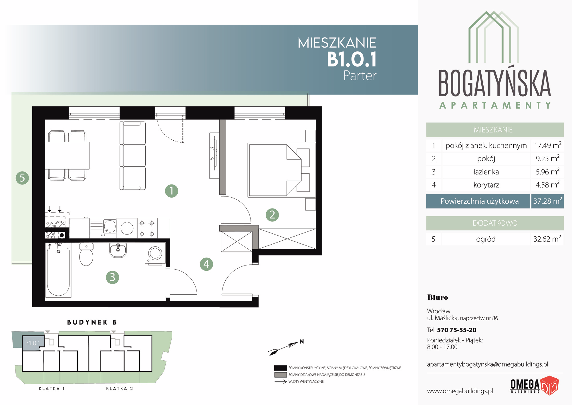 Mieszkanie 37,28 m², parter, oferta nr B1.0.1, Bogatyńska Apartamenty, Wrocław, Maślice, Fabryczna, ul. Bogatyńska-idx