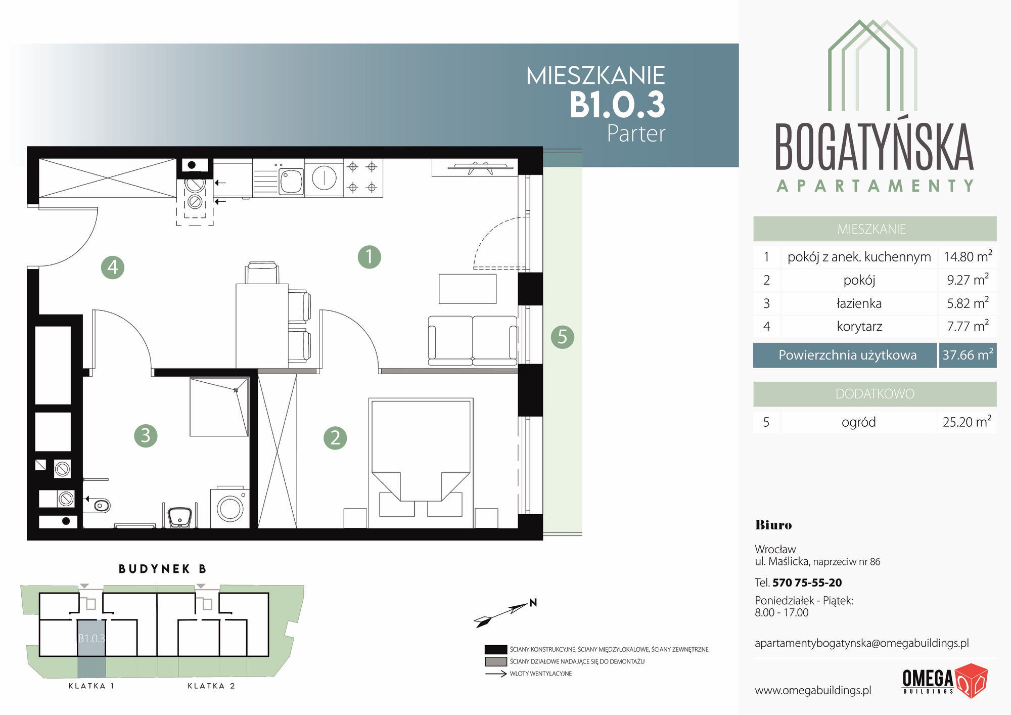 Mieszkanie 37,66 m², parter, oferta nr B1.0.3, Bogatyńska Apartamenty, Wrocław, Maślice, Fabryczna, ul. Bogatyńska-idx