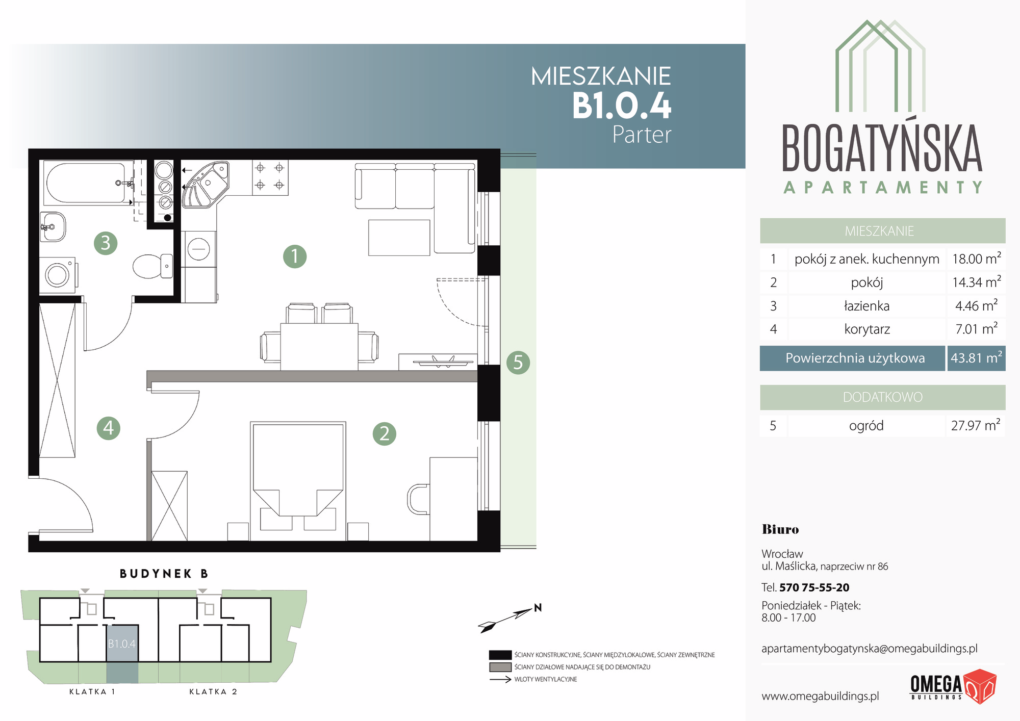 Mieszkanie 43,81 m², parter, oferta nr B1.0.4, Bogatyńska Apartamenty, Wrocław, Maślice, Fabryczna, ul. Bogatyńska-idx