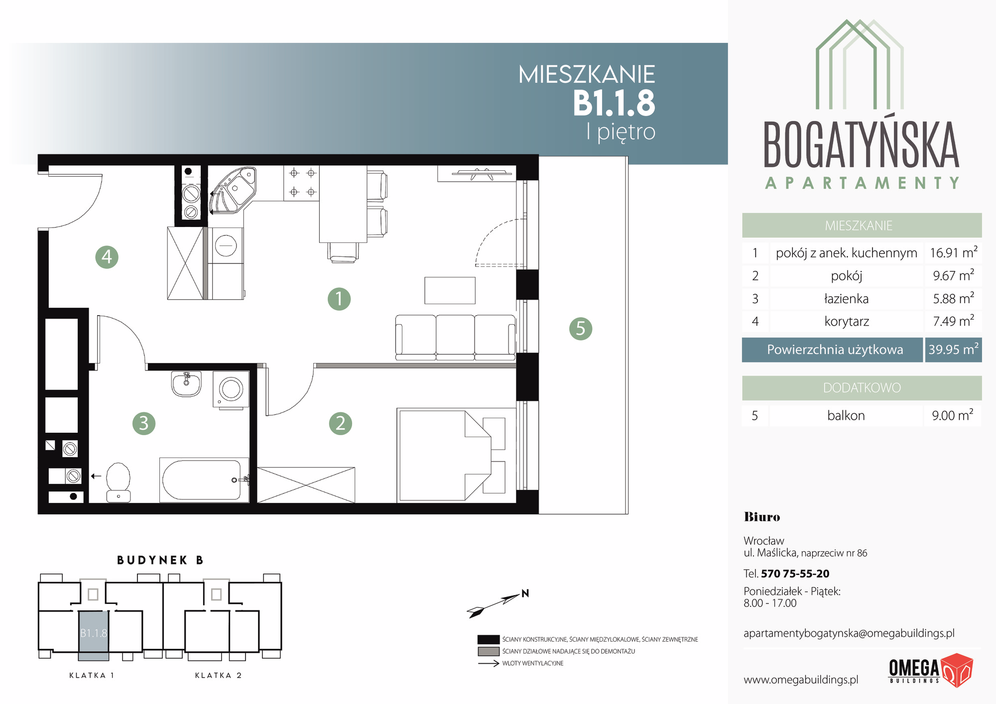 Mieszkanie 39,95 m², piętro 1, oferta nr B1.1.8, Bogatyńska Apartamenty, Wrocław, Maślice, Fabryczna, ul. Bogatyńska-idx