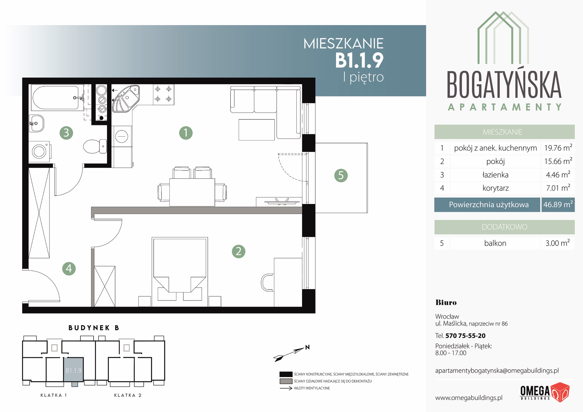 Mieszkanie 46,89 m², piętro 1, oferta nr B1.1.9, Bogatyńska Apartamenty, Wrocław, Maślice, Fabryczna, ul. Bogatyńska-idx