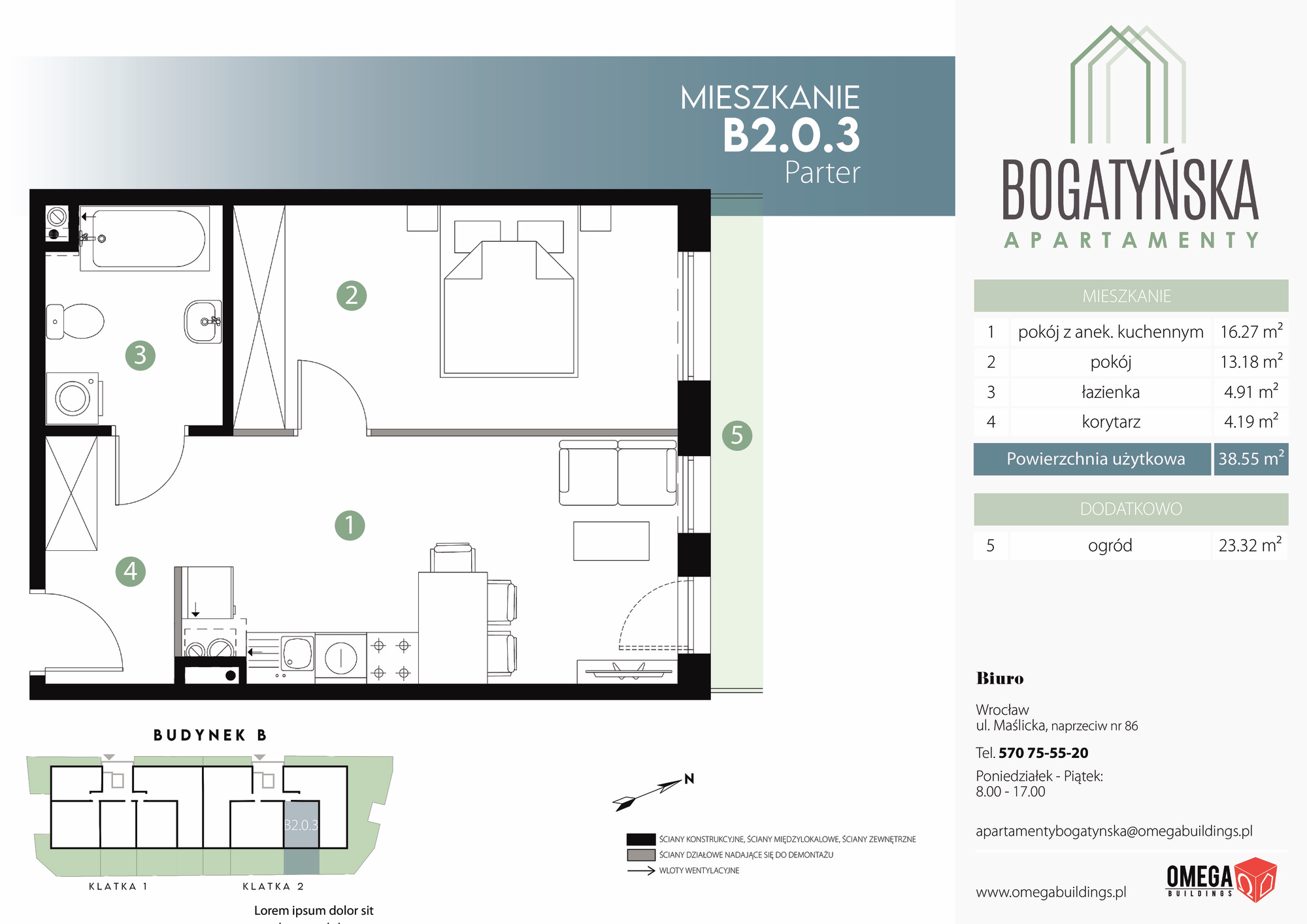 Mieszkanie 38,55 m², parter, oferta nr B2.0.3, Bogatyńska Apartamenty, Wrocław, Maślice, Fabryczna, ul. Bogatyńska-idx