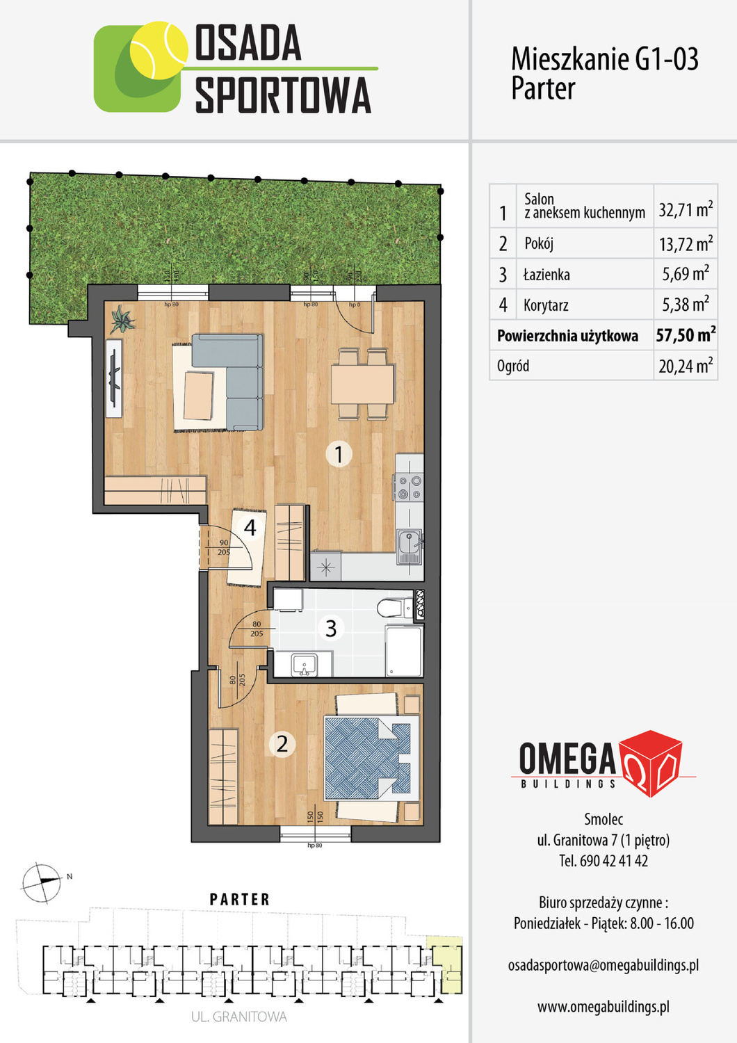 Mieszkanie 57,50 m², parter, oferta nr G1-03, Osada Sportowa Budynek G, Smolec, ul. Granitowa 52-62-idx