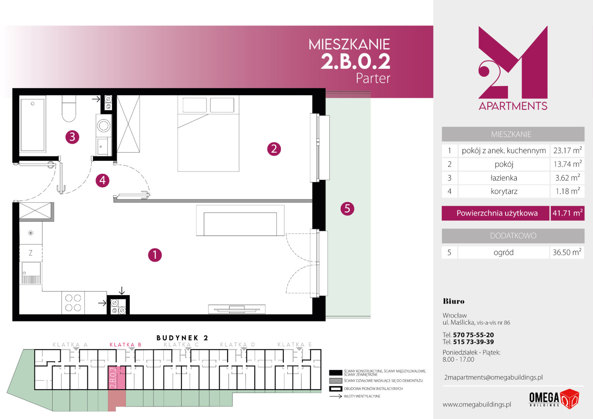 Mieszkanie 41,71 m², parter, oferta nr 2.B.0.2, 2M Apartments, Wrocław, Maślice, Fabryczna, ul. Zawidowska-idx