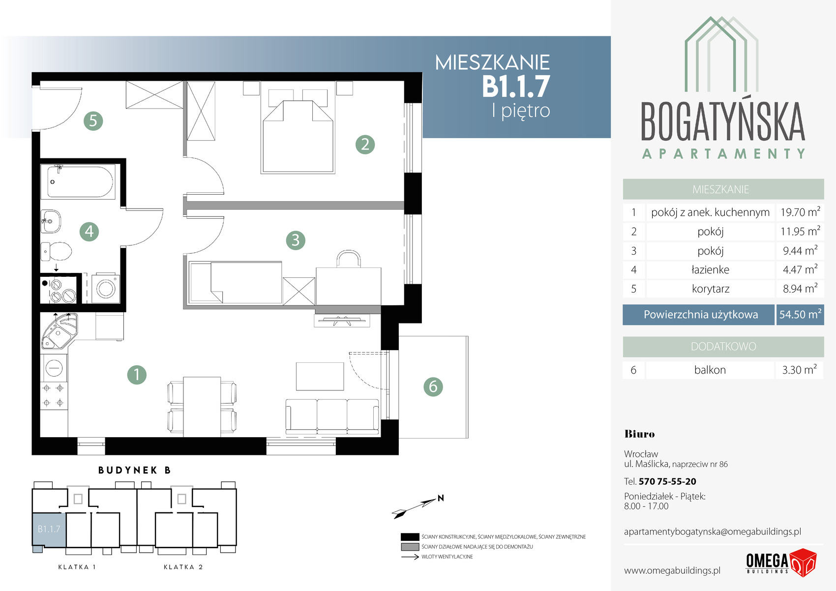 Mieszkanie 54,50 m², piętro 1, oferta nr B1.1.7, Bogatyńska Apartamenty, Wrocław, Maślice, Fabryczna, ul. Bogatyńska-idx