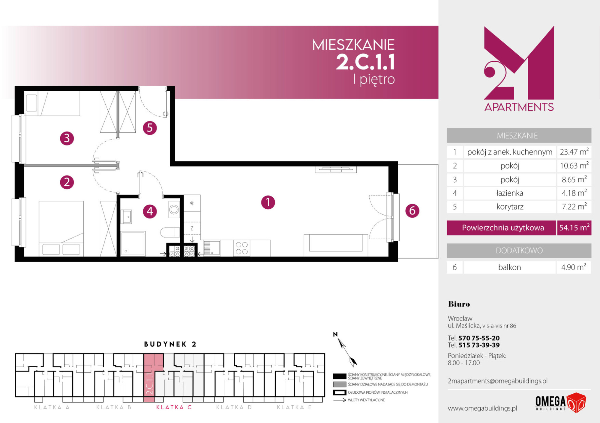 Mieszkanie 54,36 m², piętro 1, oferta nr 2.C.1.1, 2M Apartments, Wrocław, Maślice, Fabryczna, ul. Zawidowska-idx